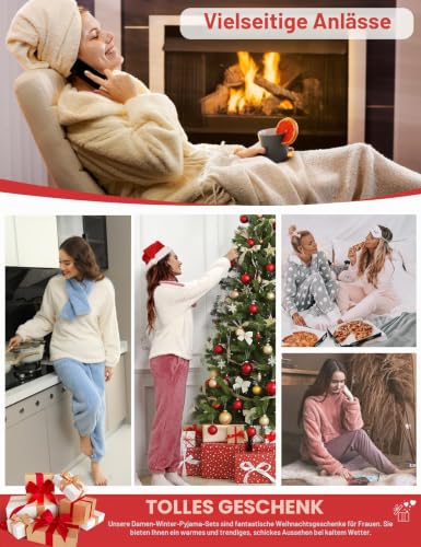 Thumbnail 7 de TOMEEK Damen Schlafanzug-Set Winter – Kuscheliger Polar-Fleece Pyjama mit Langarm-Oberteil, Hose und Schal in Orange/Rosa, XXL