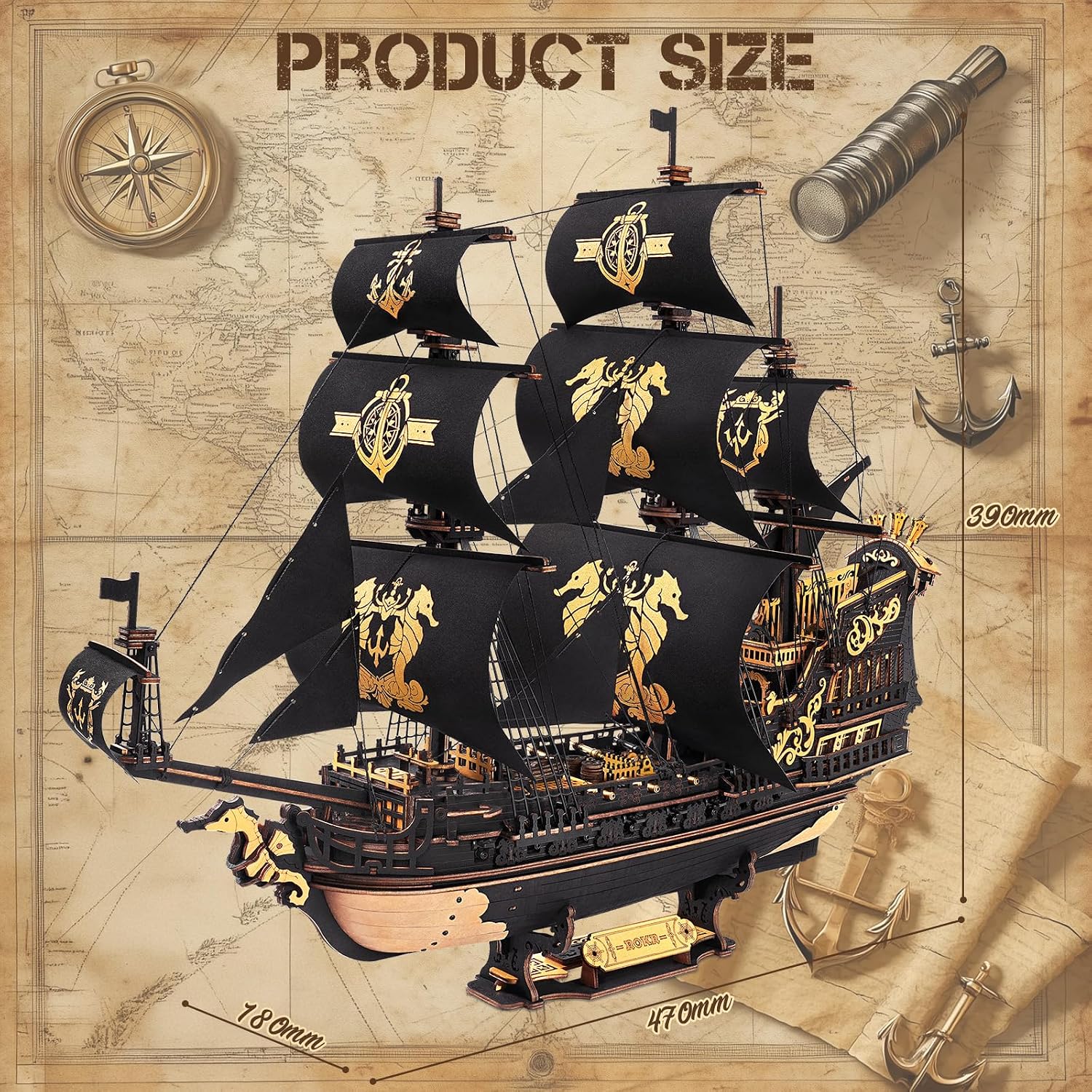Detalle 1 de ROKR The Seahorse Barque 603-piece wooden ship kit
