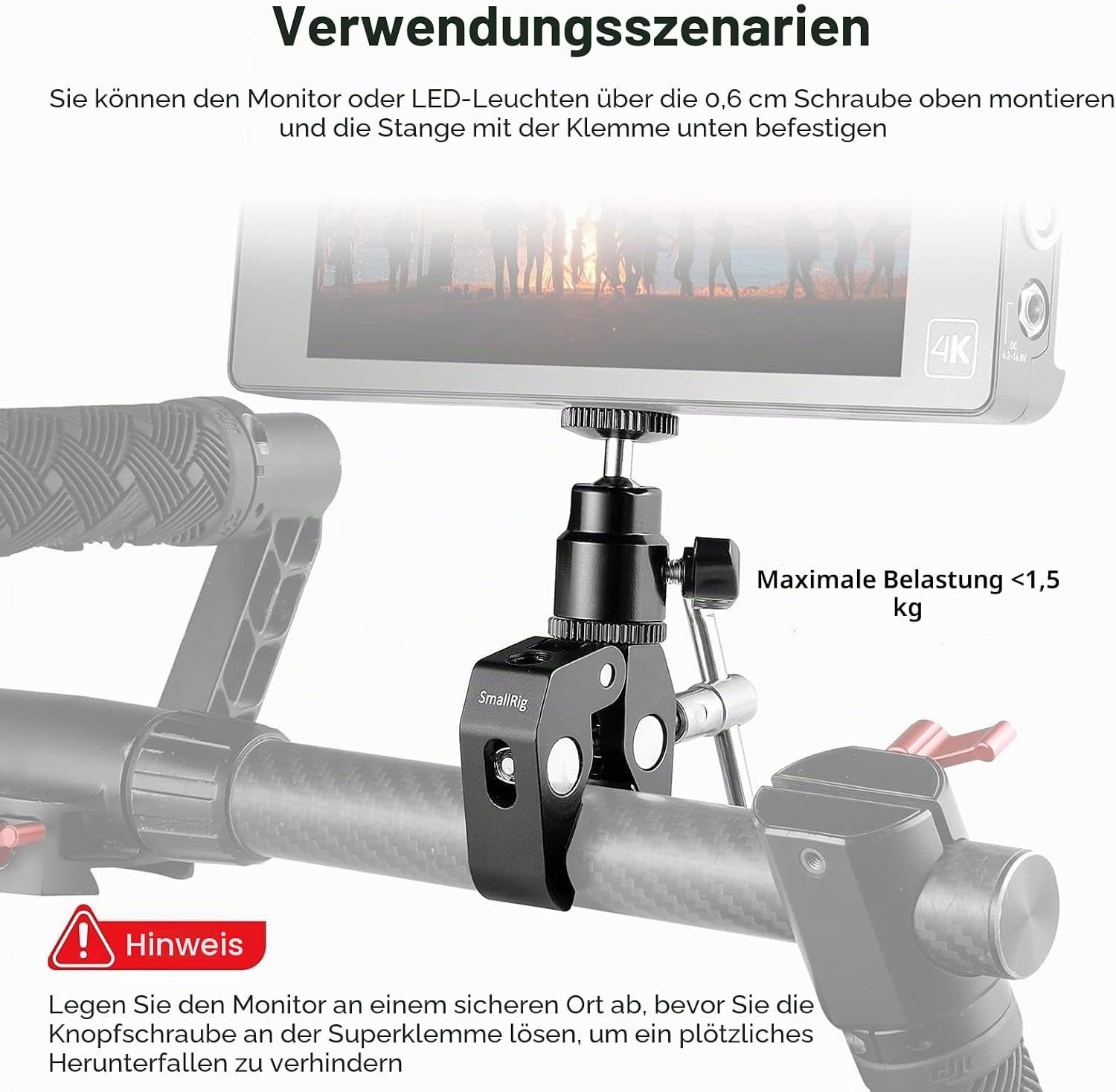Detalle de SmallRig Super Clamp Mount mit Mini-Kugelkopfhalterung und Blitzschuhadapter (1/4-Zoll) für Monitor/LED/Blitz/Mikrofone