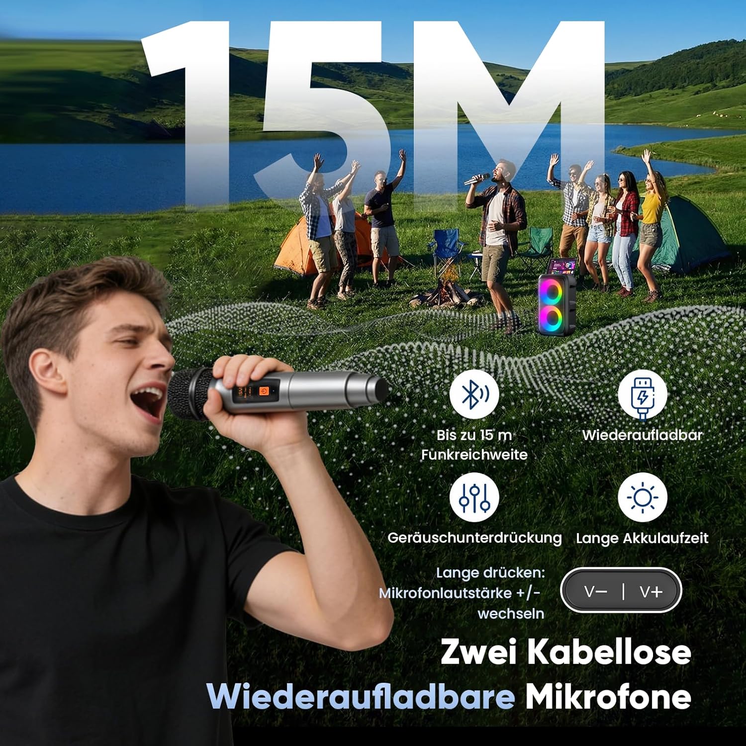 Thumbnail 5 de Partybox Bluetooth Party Lautsprecher mit 2 kabellosen Mikrofonen – 3-in-1 Karaoke-Box für Zuhause und Unterwegs