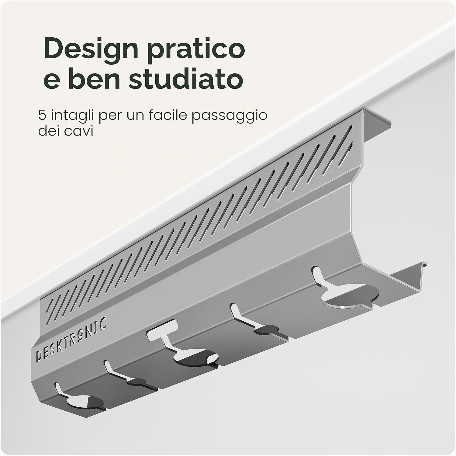 Thumbnail 3 de Desktronic Canalina Passacavi Grigia 2 pz – Gestione cavi in acciaio inox, 5 uscite, montaggio facile