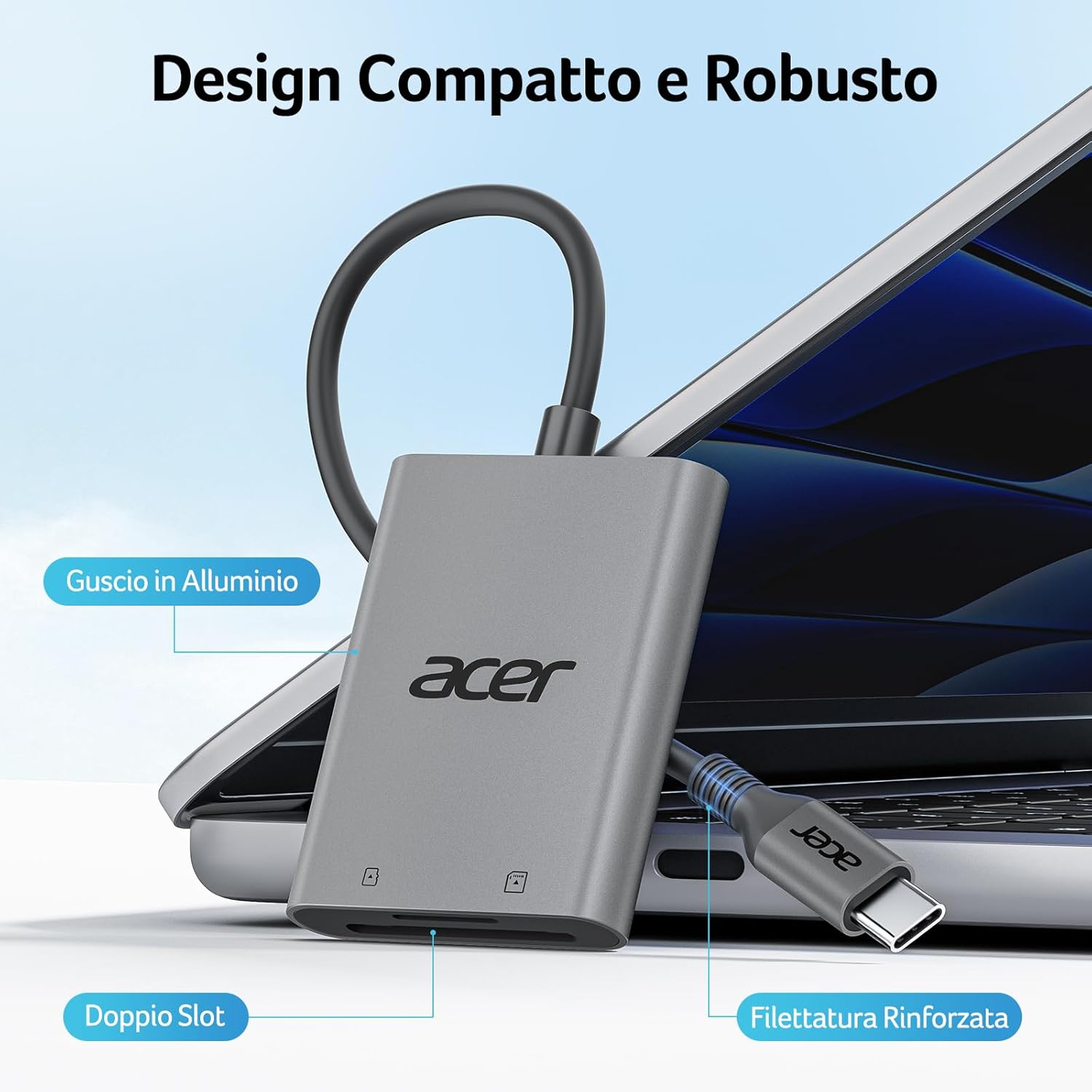 Detalle de Lettore di schede SD USB C Acer: lettura/scrittura simultanee e compatibilità ampia