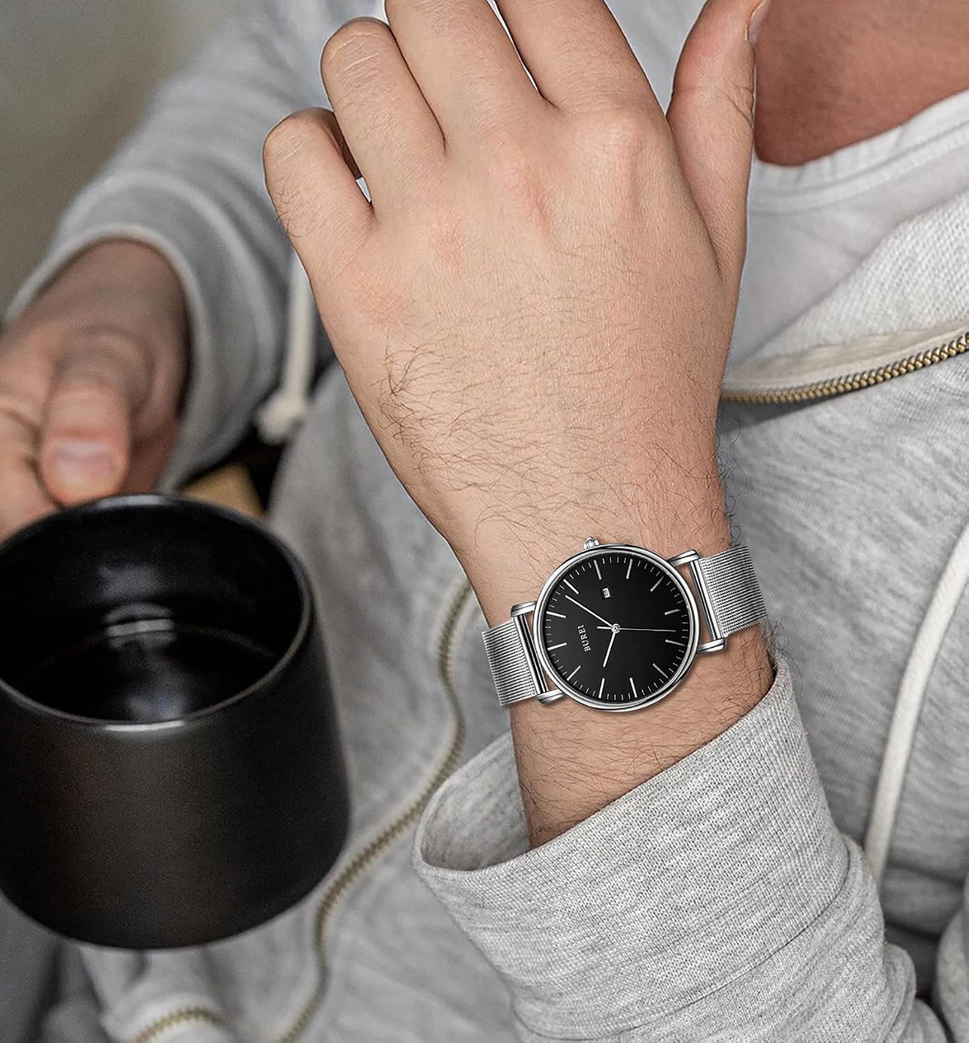 Detalle de BUREI Orologi da polso uomo: minimalisti, analogici al quarzo con cinturino in rete