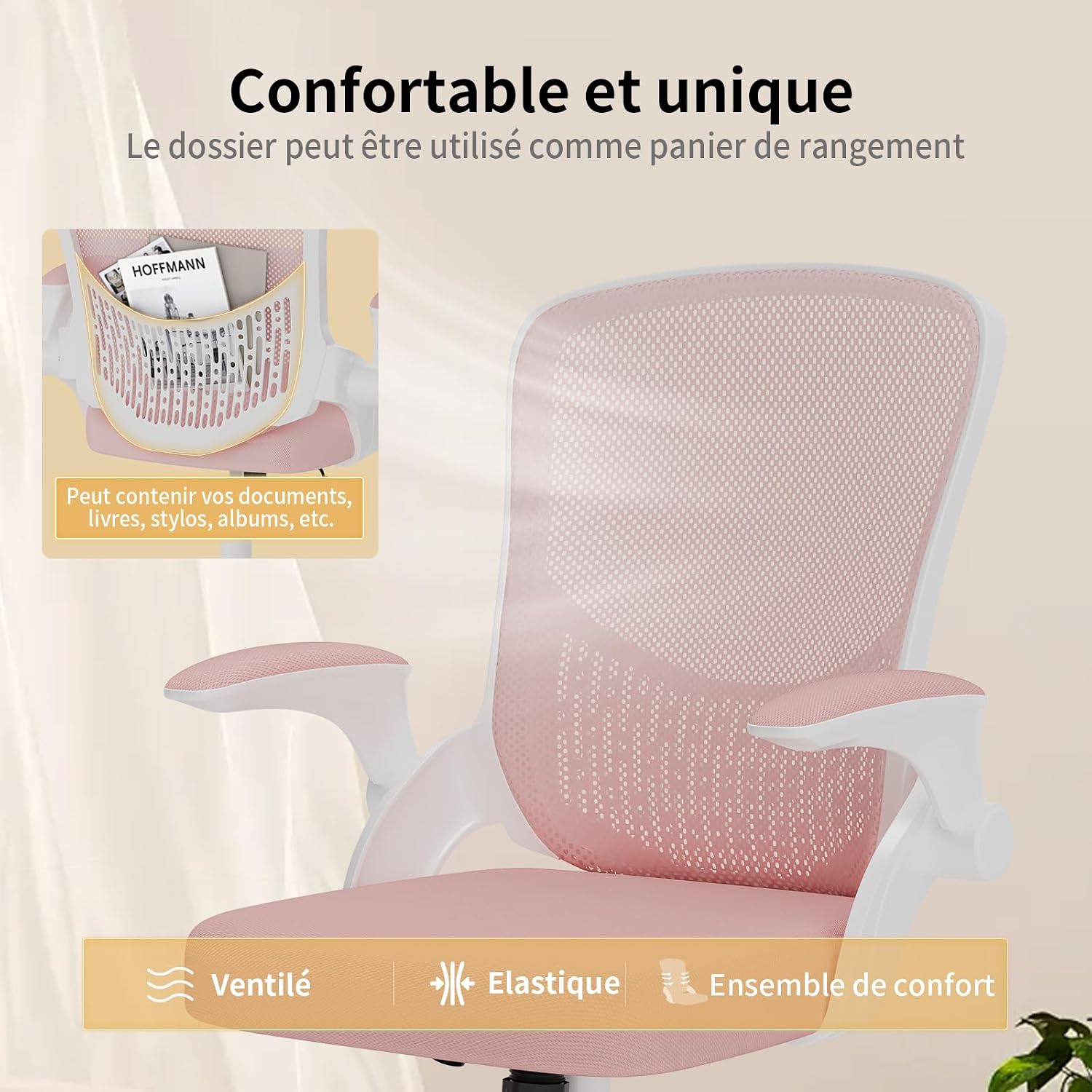 Thumbnail 3 de naspaluro Chaise de bureau ergonomique avec accoudoirs rabattables, dossier avec rangement et pivot 360° (rose)
