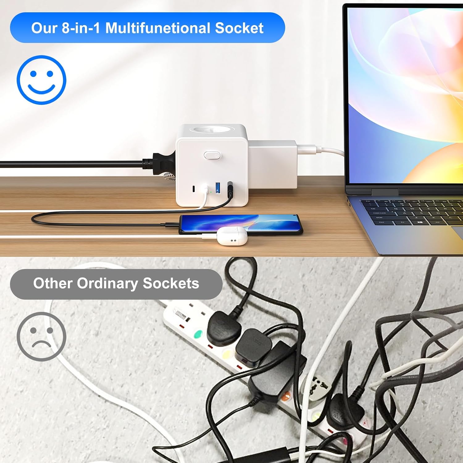 Thumbnail 6 de Steckdosenwürfel mit 4 USB – Steckdosenleiste mit 4 Schuko, 2×USB-A und 2×USB-C, Schalter, 3 m Kabel, weiß
