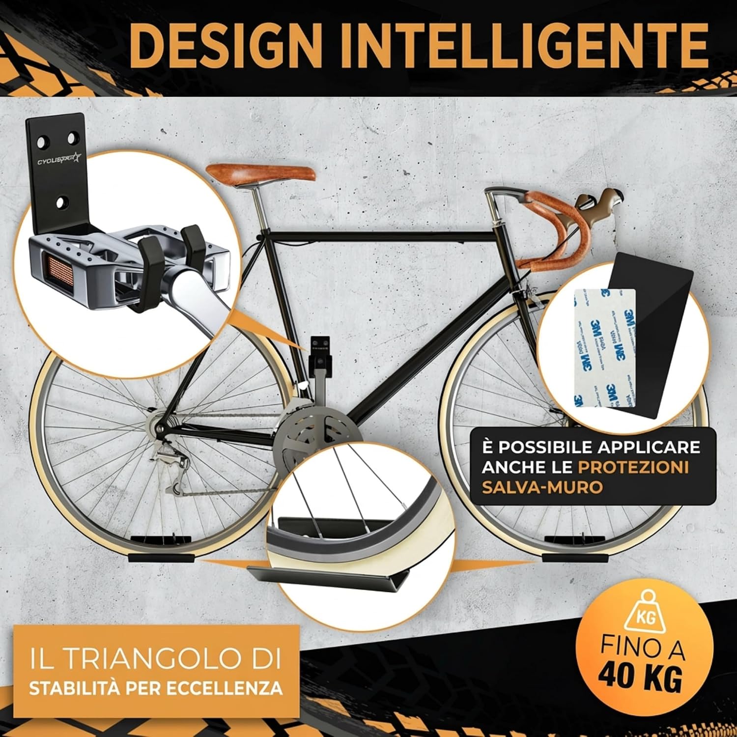 Detalle de CYCLISTAR Supporto da Parete per Bicicletta fino a 40 kg – robusto supporto universale con pedale e 2 staffe