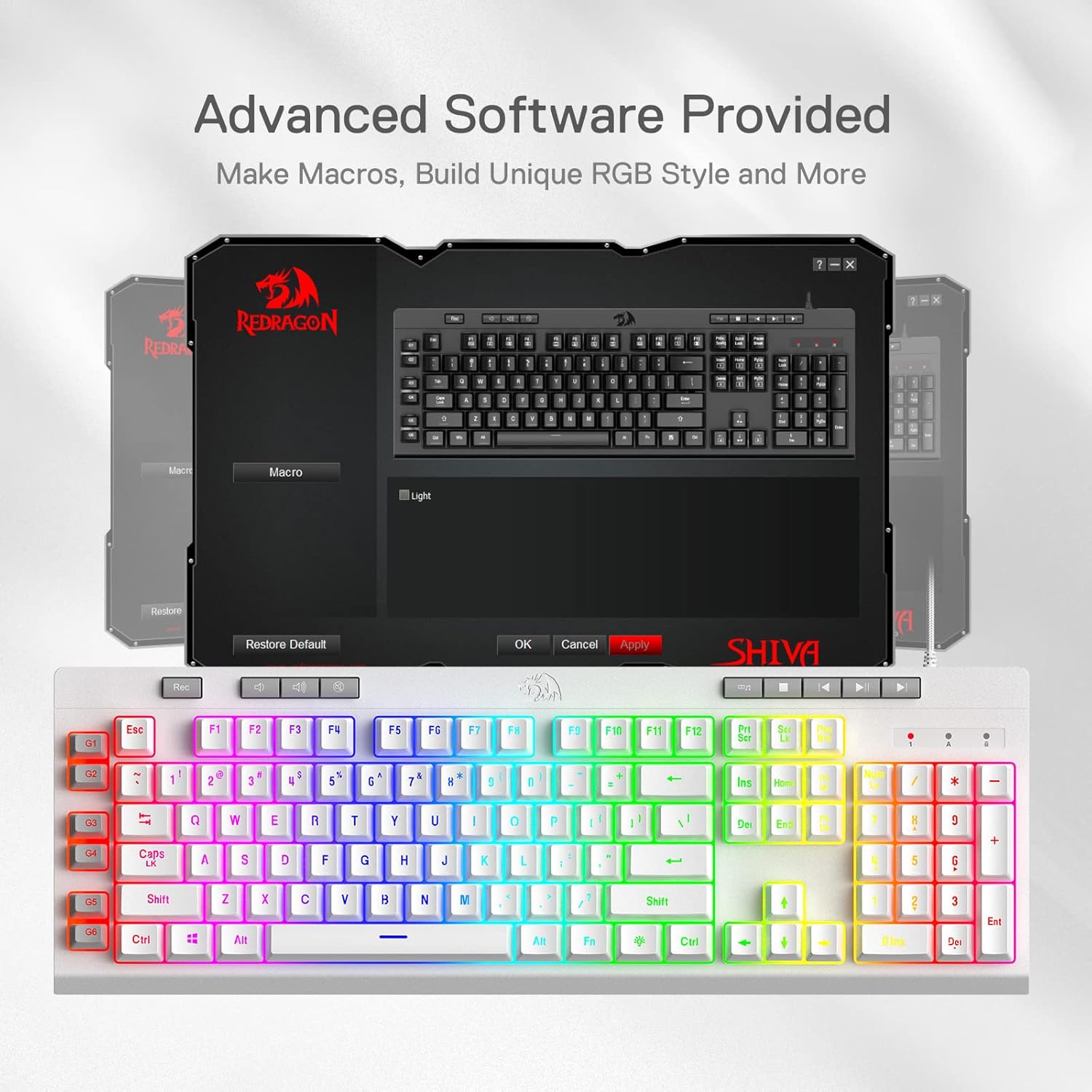 Thumbnail 6 de Redragon K512 Shiva US-Layout weiße Membran-Gaming-Tastatur – RGB, Makros & abnehmbare Handballenauflage