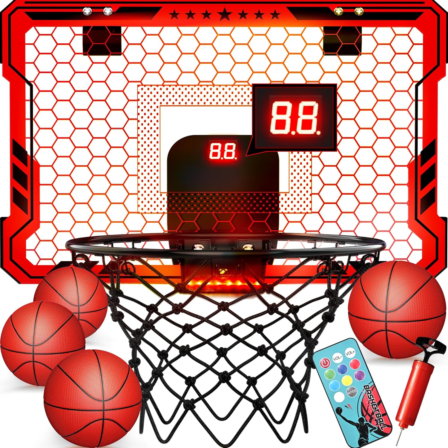 Thumbnail 6 de Ropoda Indoor Basketball Hoop with 7 LED Lights, Remote Scoring & 4-Ball Play (Mini Door Hoop)