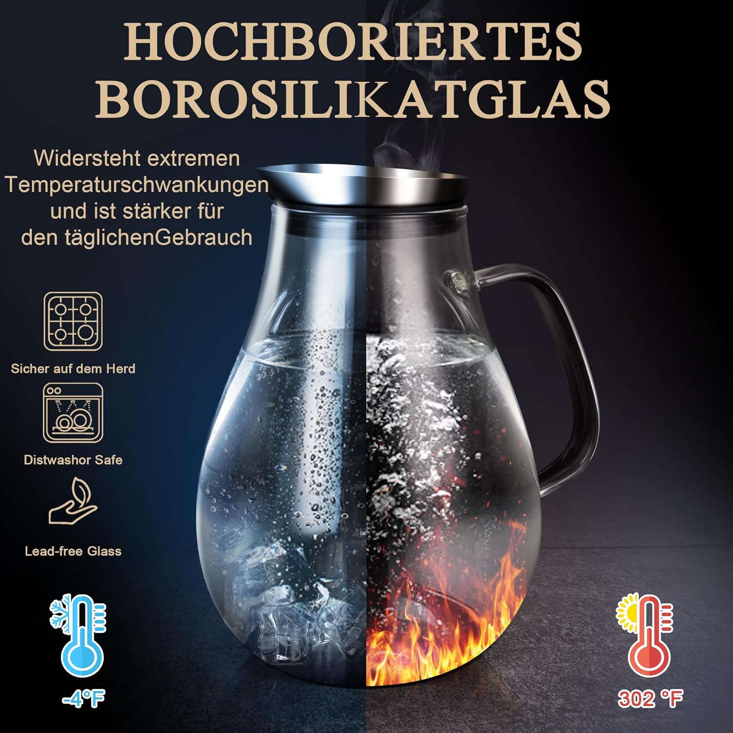 Thumbnail 1 de SUSTEAS 2-Liter Glas-Karaffe mit Deckel und Auslauf (Borosilikat, SUS304) – für Wasser, Eistee & mehr