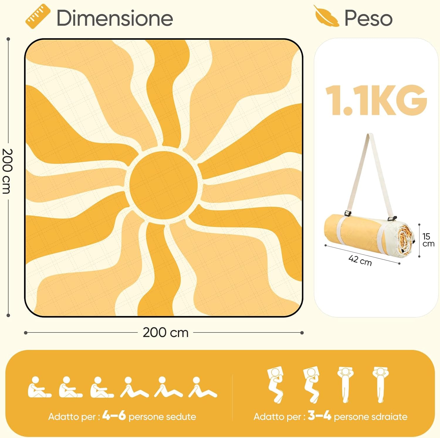 Detalle de Sekey Coperta Picnic Impermeabile 200x200 cm – comoda, resistente e versatile per all’aperto