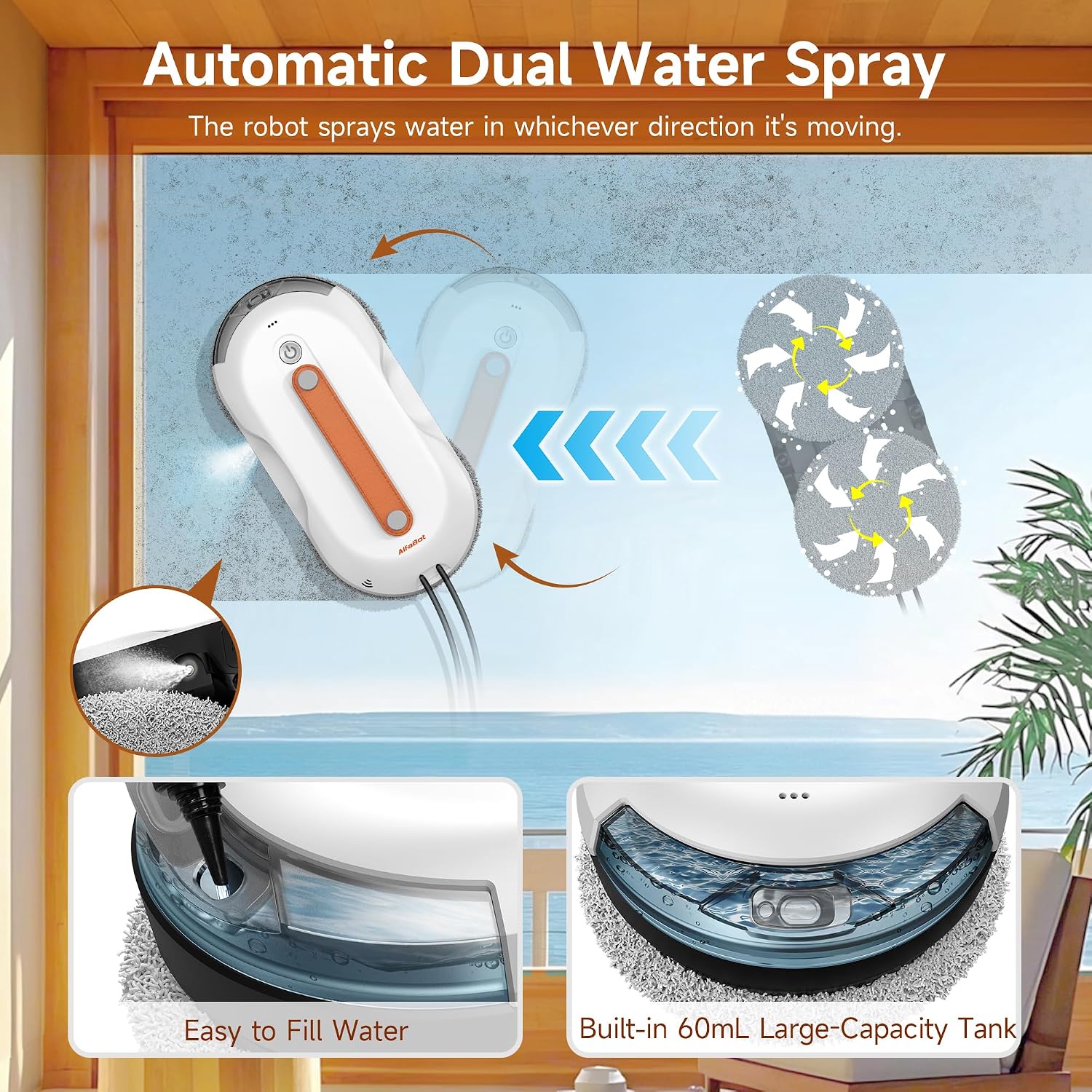 Detalle 2 de AlfaBot X7 Pro raamreinigingsrobot met dubbelzijdige spray en tank van 100 ml