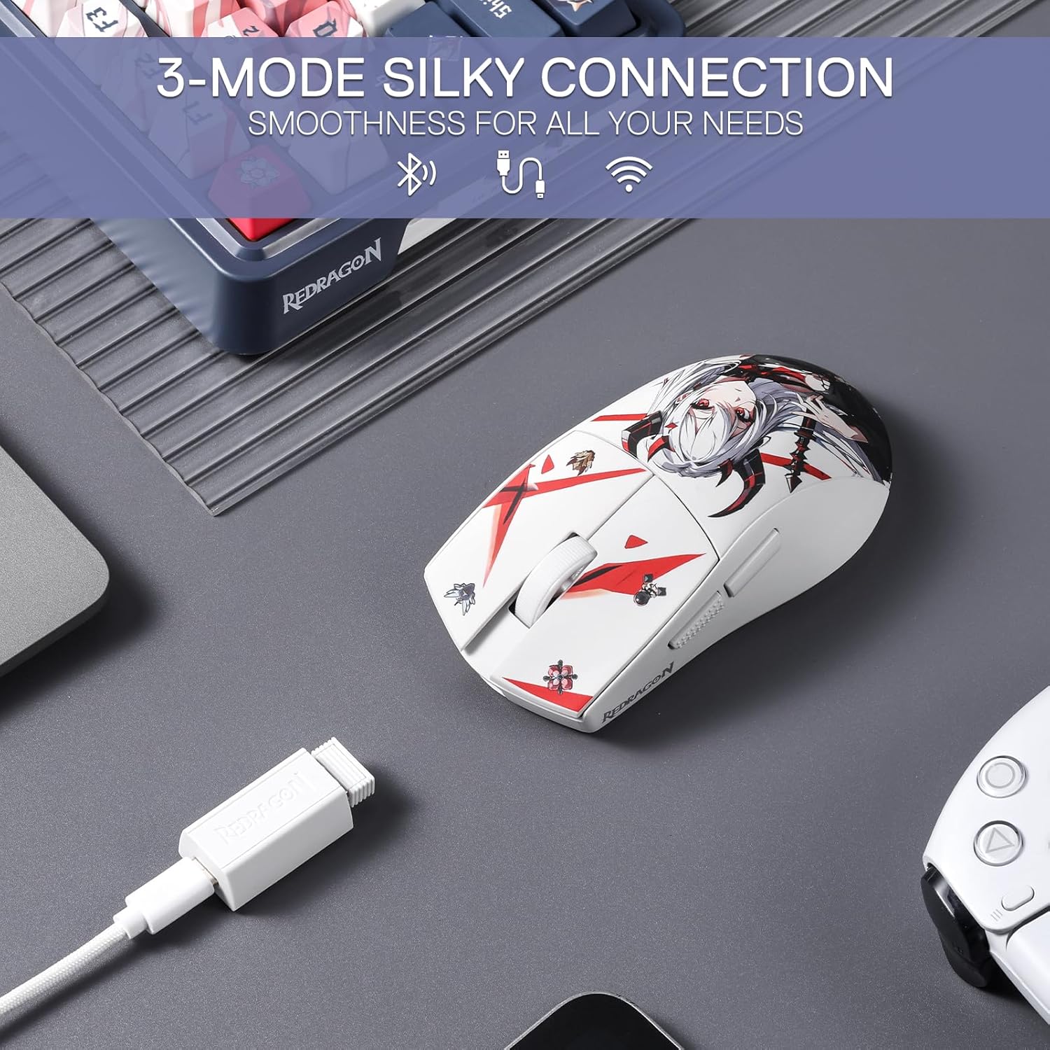 Detalle de Redragon M916AK PRO 3-Mode Anime gaming mouse with ergonomic natural grip