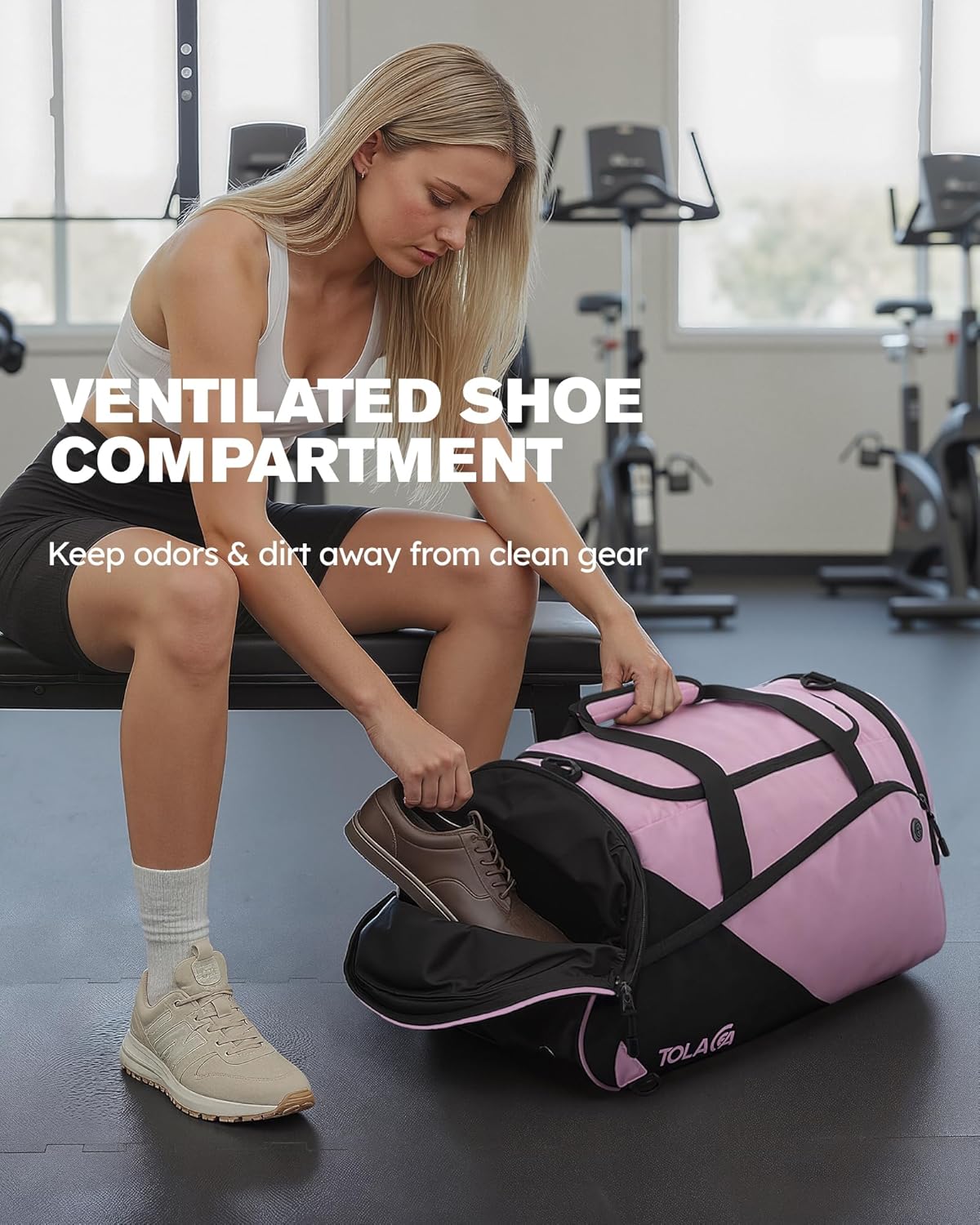 Detalle de Tolaccea Sporttasche 47L – Damen & Herren, Schuhfach, Nassfach, 3-in-1 Tragemodi, Schwarz-Rosa
