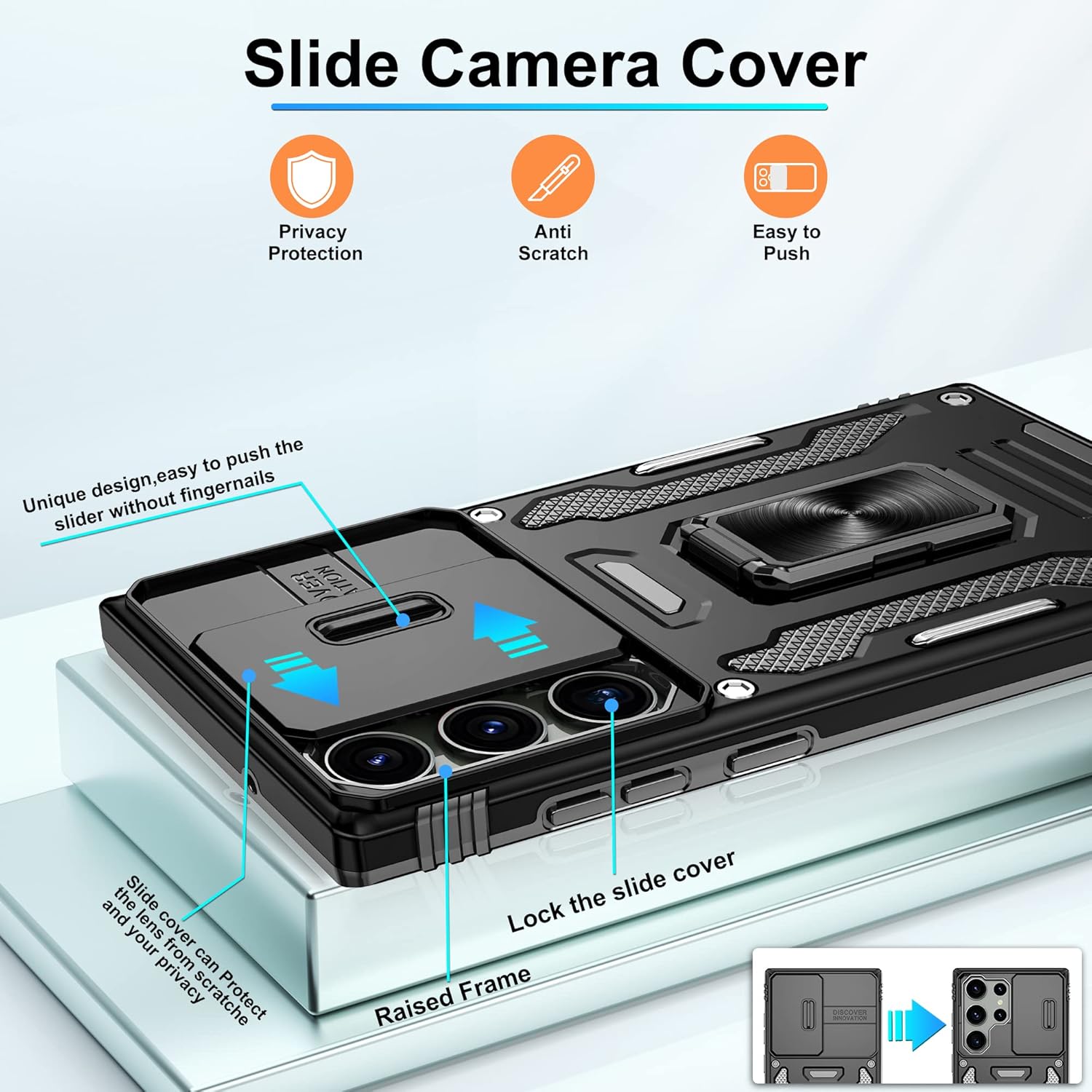 Thumbnail 3 de Jshru shockproof case for Samsung Galaxy S23 Ultra 5G with sliding camera cover and ring kickstand (Black)