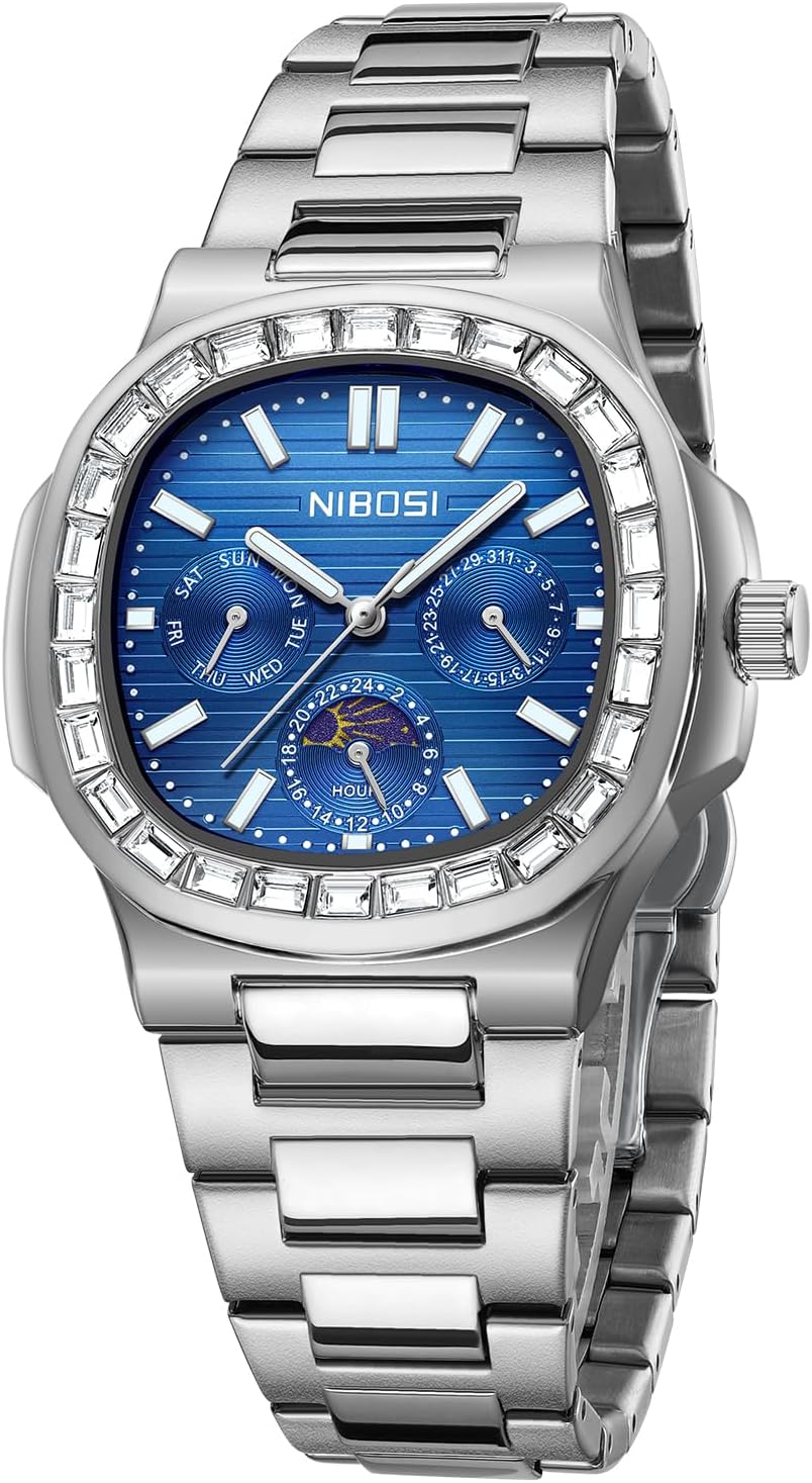 Detalle de NIBOSI Herren Analoge Quarzuhr mit Chronograph, Mondphase und Diamantlünette – Edelstahl, Roségold/Silber
