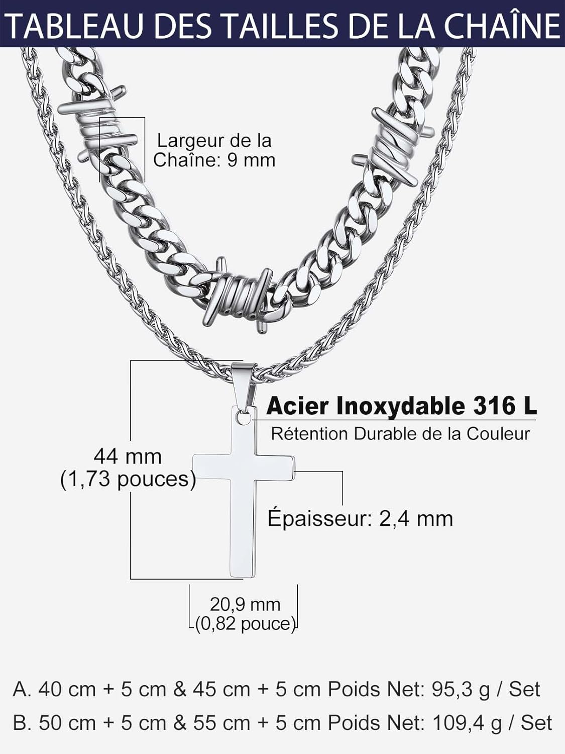 Thumbnail 5 de Bandmax Chaîne Homme Acier Inoxydable Épines et Croix – 40/45/50/55 cm, 9–12 mm (Gothique) – Collier Hip Hop