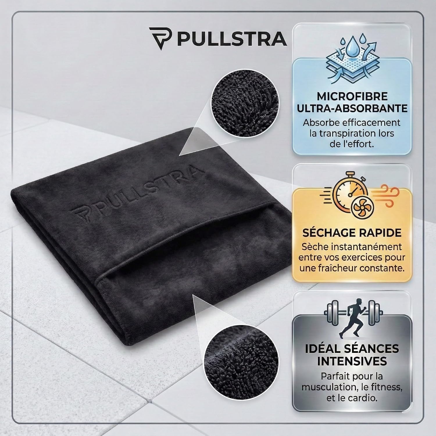 Thumbnail 4 de Pullstra Serviette Sport Musculation Microfibre 100x40 cm – Tapisserie absorbante avec poche pour banc de musculation