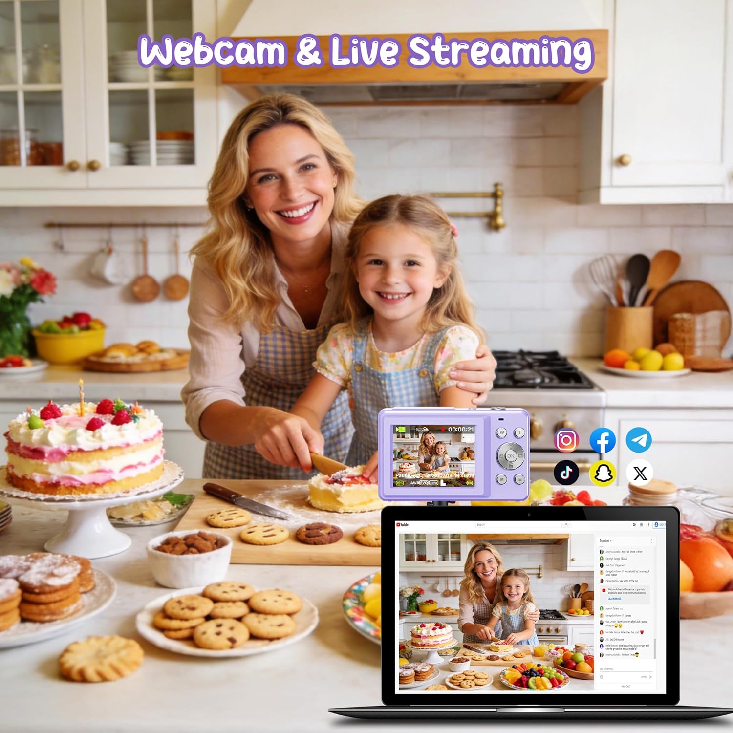 Thumbnail 5 de Fotocamera digitale 1080P 44MP compatta con schermo 2,4" e zoom 16X per vlogging e studio (viola)