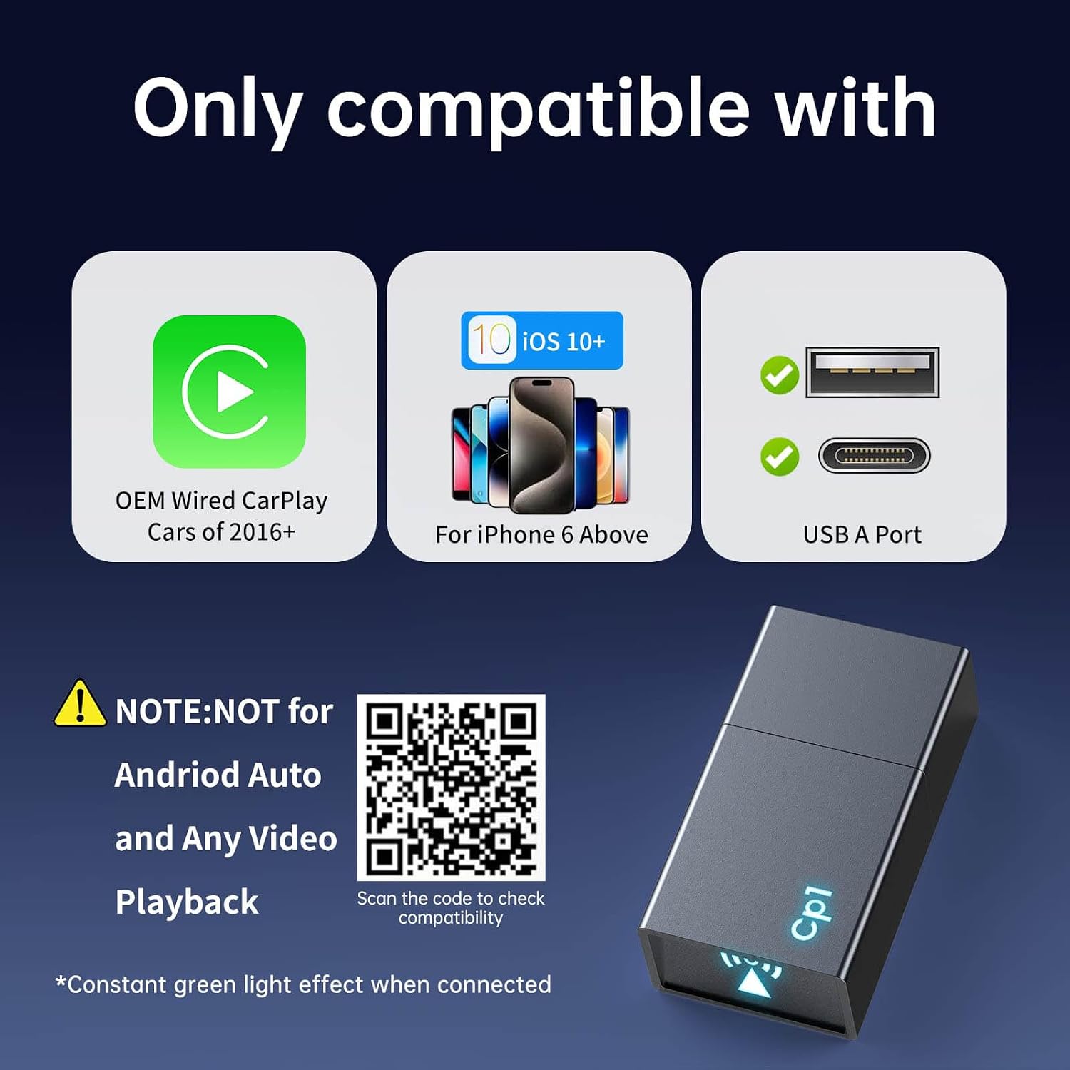 Detalle de YJLUUJL Wireless CarPlay Adapter for iPhone (Plug & Play, 5.8 GHz WiFi + Bluetooth 5.3) — for Cars from 2016