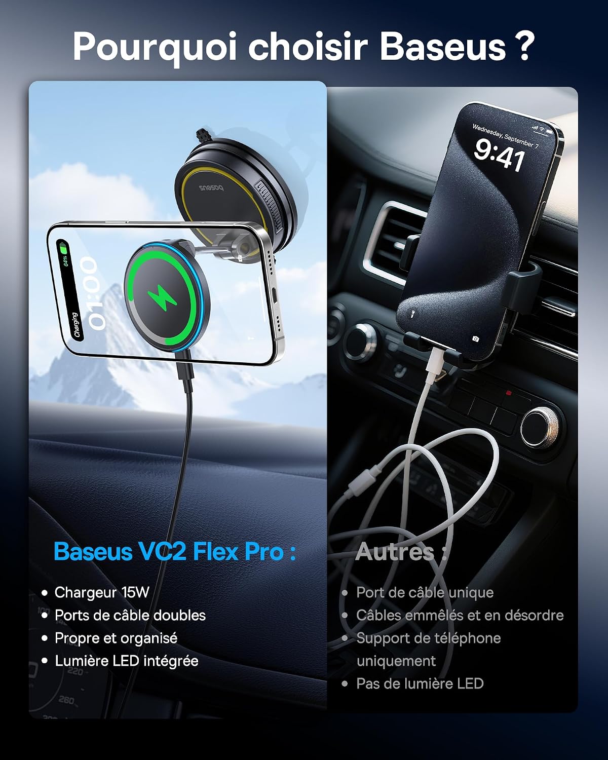 Detalle de Baseus VC2 Flex Pro 15W – Chargeur MagSafe Voiture avec Support Magnétique 720° et Pivotant