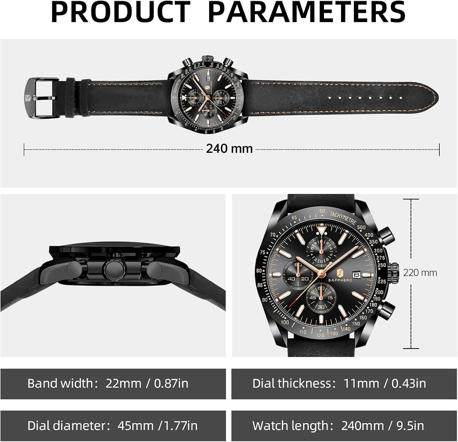 Detalle de BENYAR Herrenuhr Analoger Quarz Chronograph – Klassisch elegant, 45 mm, Lederband, 30 m Wasserdicht
