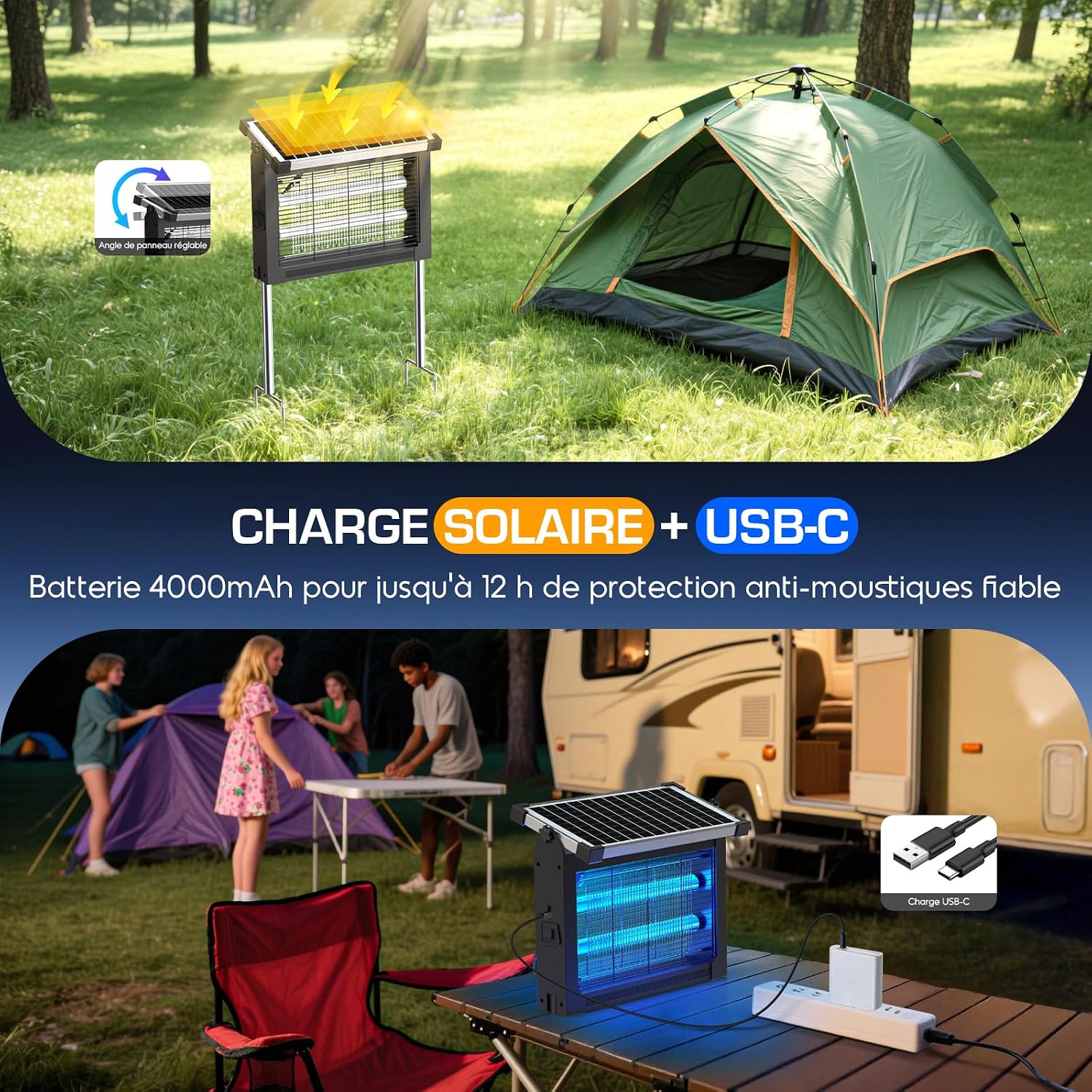 Detalle 2 de Dnenellr Lampe Anti Moustique Extérieur Solaire IPX5 – 4500V, Batterie 4000mAh, USB-C, 10W Panneau et Câble 3m