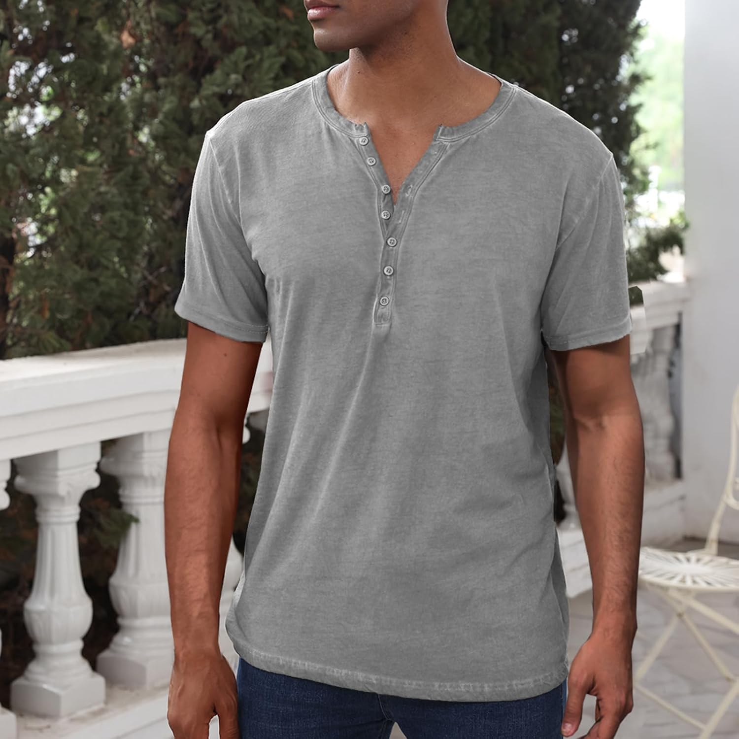 Thumbnail 1 de LAOARA Henley-T-shirt för herr, kortärmad i bomull med V-ringning