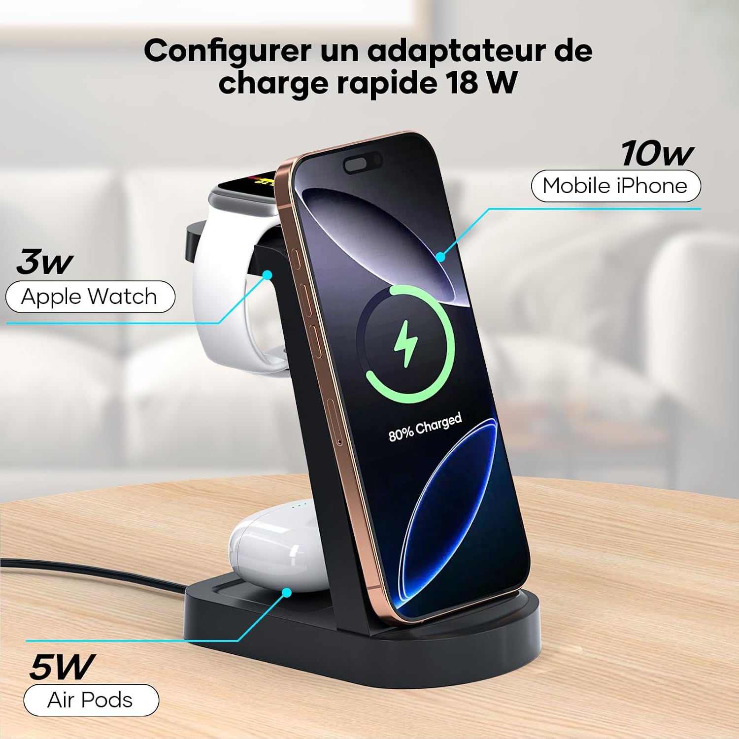 Thumbnail 2 de Station de charge 3-en-1 sans fil 18W pour iPhone, Apple Watch, AirPods