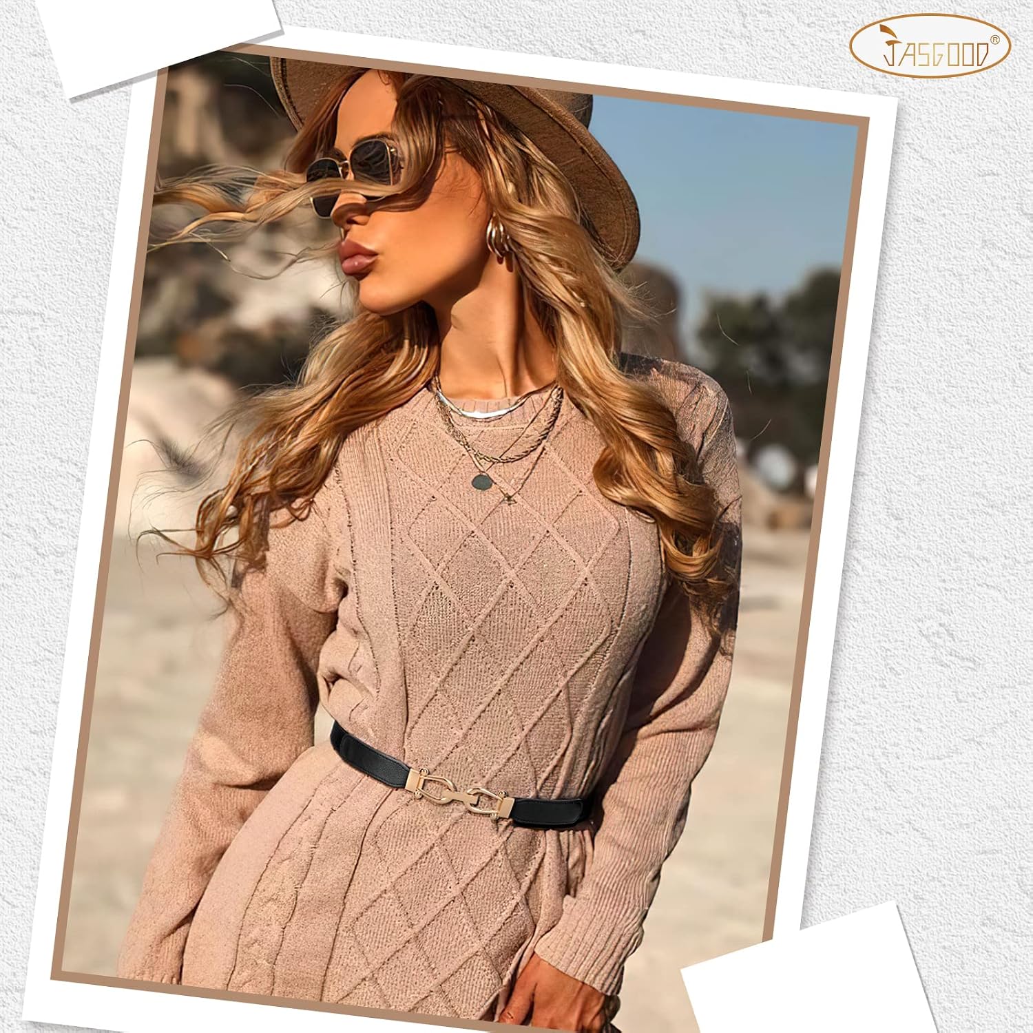 Thumbnail 1 de JASGOOD Women Stretchy Waist Belt with Gold Buckle — Skinny Elastic Belt for Versatile Styling