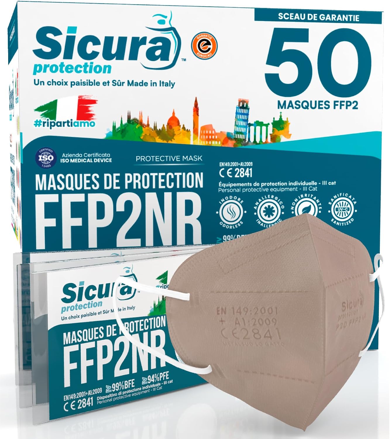 Detalle de Masques FFP2 certifiés CE Beige SICURA – 50 unités, emballage individuel, Made in Italy