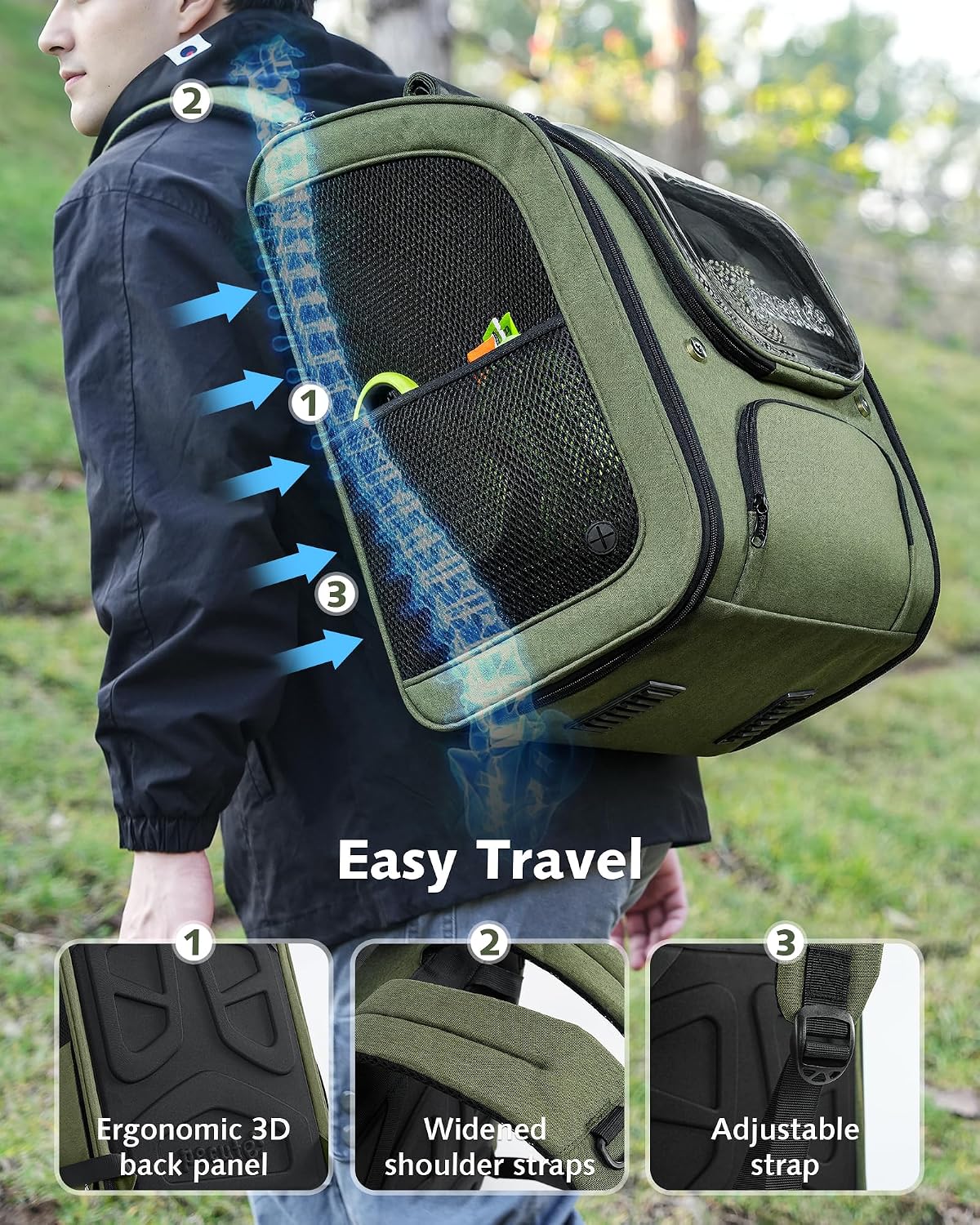 Thumbnail 4 de Pecute Katzenrucksack XXL Grün – Geräumig, ergonomisch und outdoor-tauglich