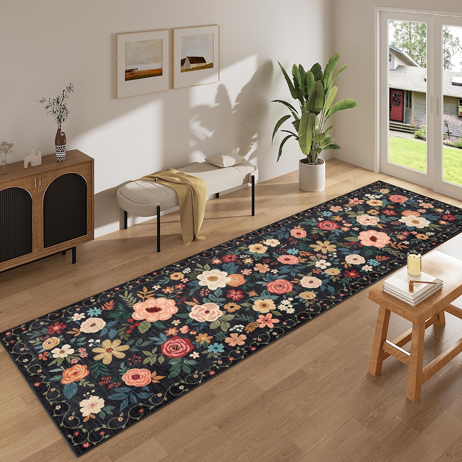 Thumbnail 1 de DUKINO Runner Rug (2x10) with Non Slip TPR Backing, Washable Low Pile Boho Floral for Kitchen & Entryway