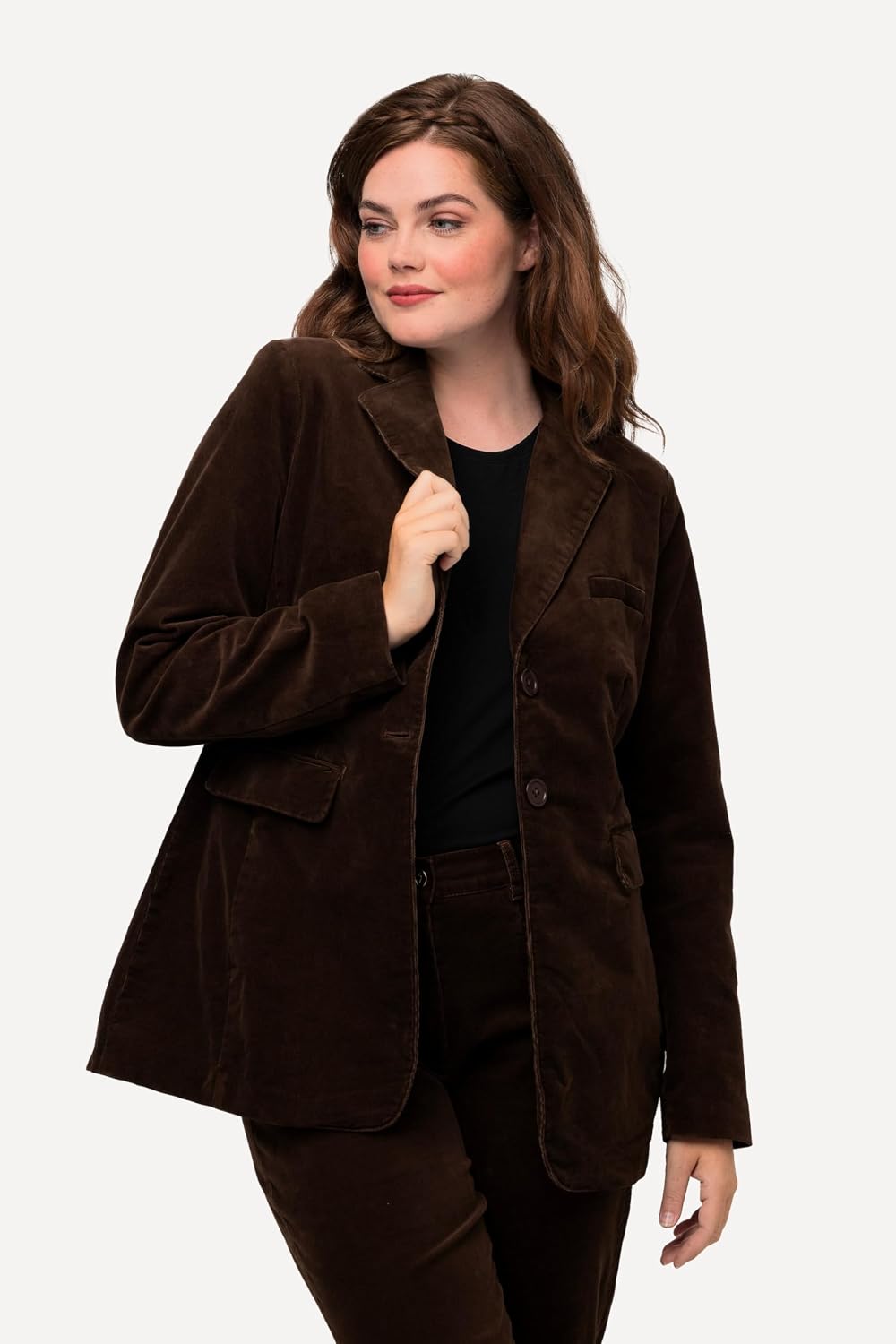 Detalle de Ulla Popken Femme Grandes Tailles Blazer en Velours côtelé – Coupe cintrée, col à revers et fermeture boutonée (821533)