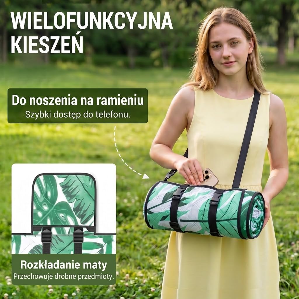 Detalle de Wolfwise 26004 koc piknikowy 200 × 200 cm, wodoodporny spód, zielone paski