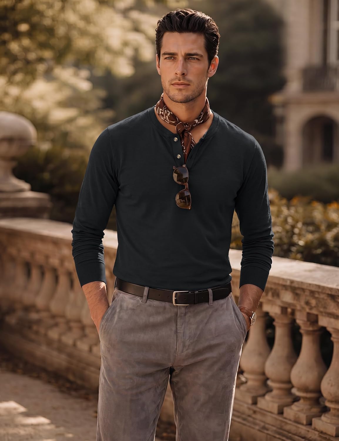 Detalle 2 de TACVASEN Men's Cotton Henley Shirt, Long Sleeve, 3-Button