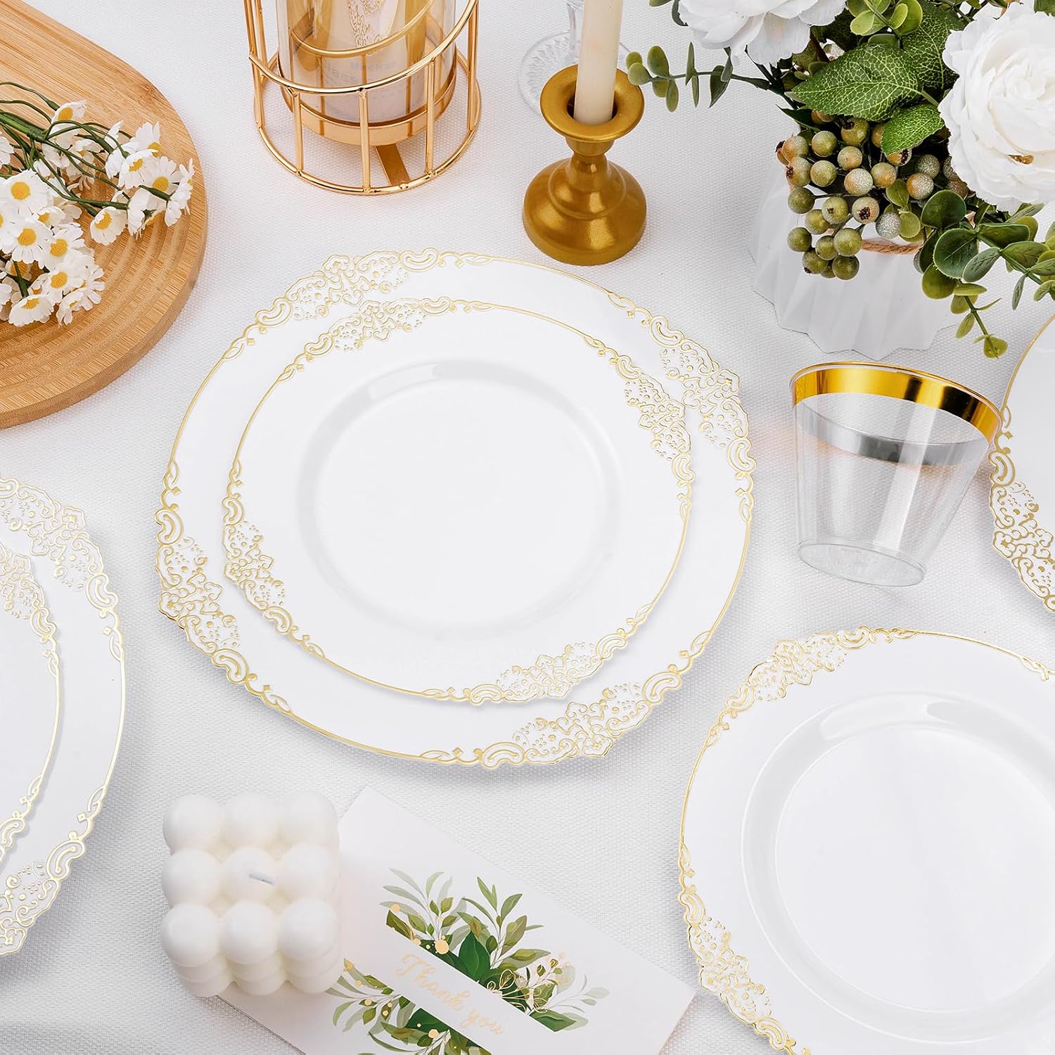 Thumbnail 4 de Bestluck 200 PCS White and Gold Plastic Plates 10.25