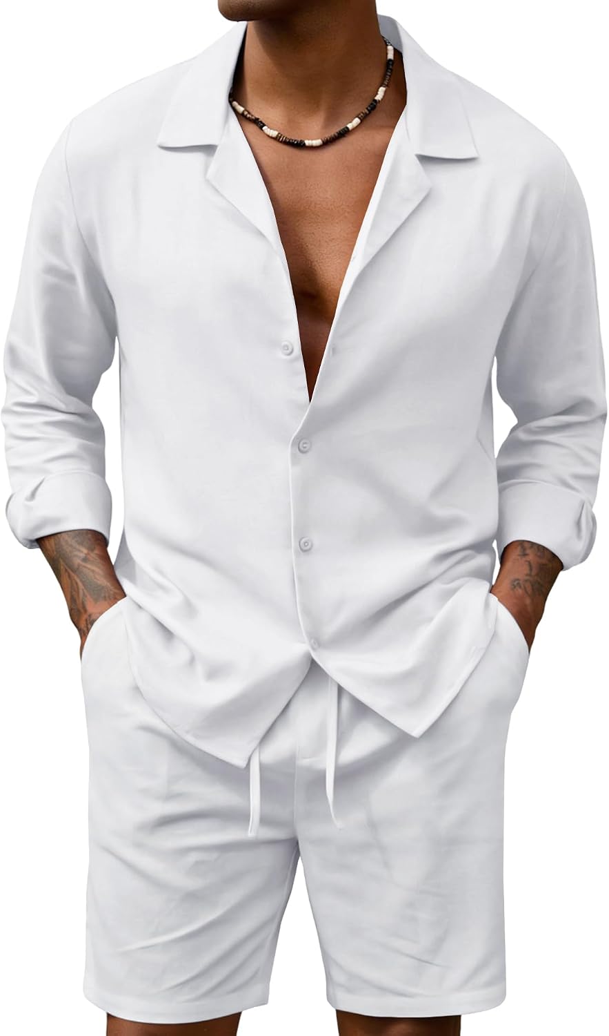 Detalle 2 de URRU Men's Linen-Blend Shirt and Shorts Set