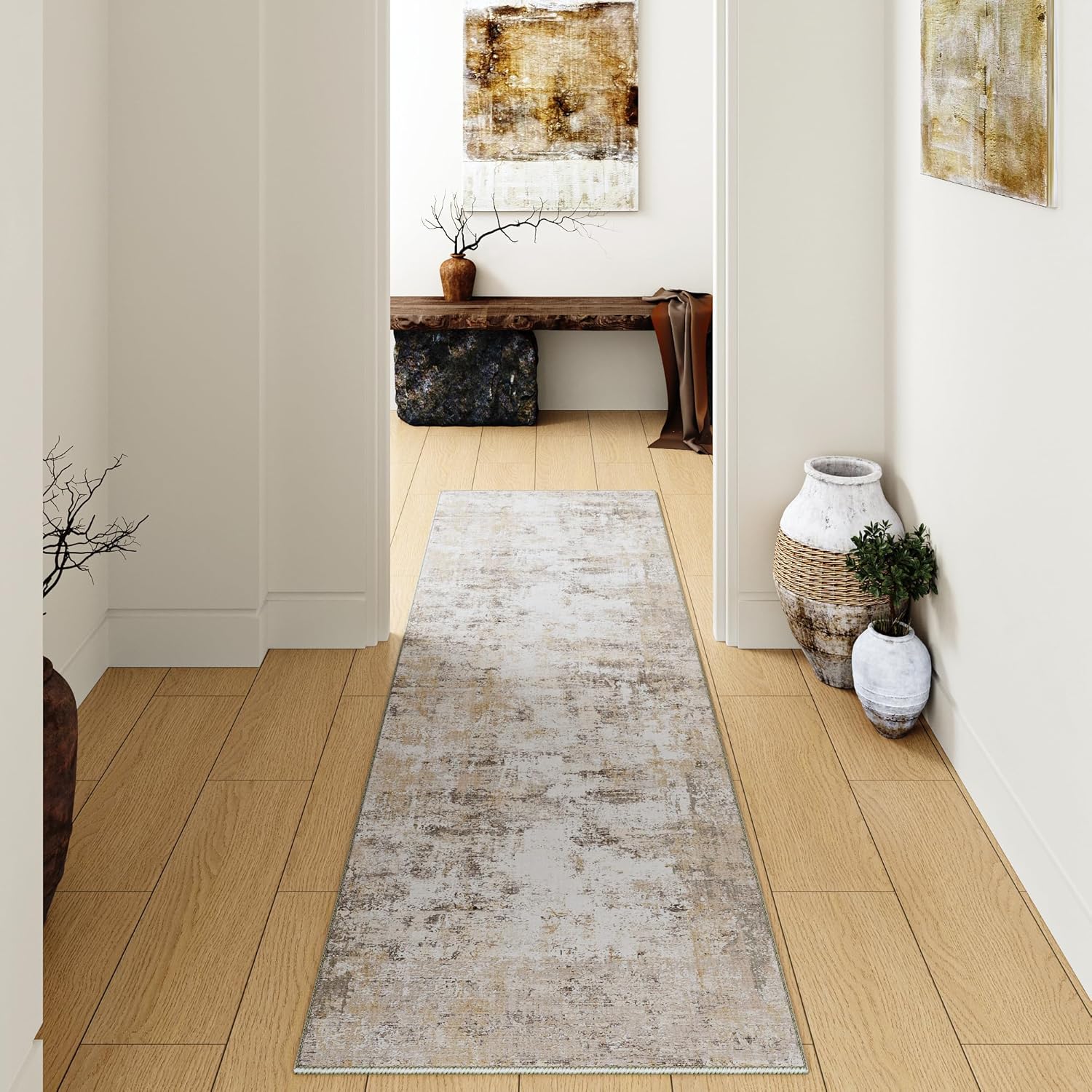 Thumbnail 6 de HUGEAR washable rug 90x150cm in grey/brown abstract design with non-slip TPR backing