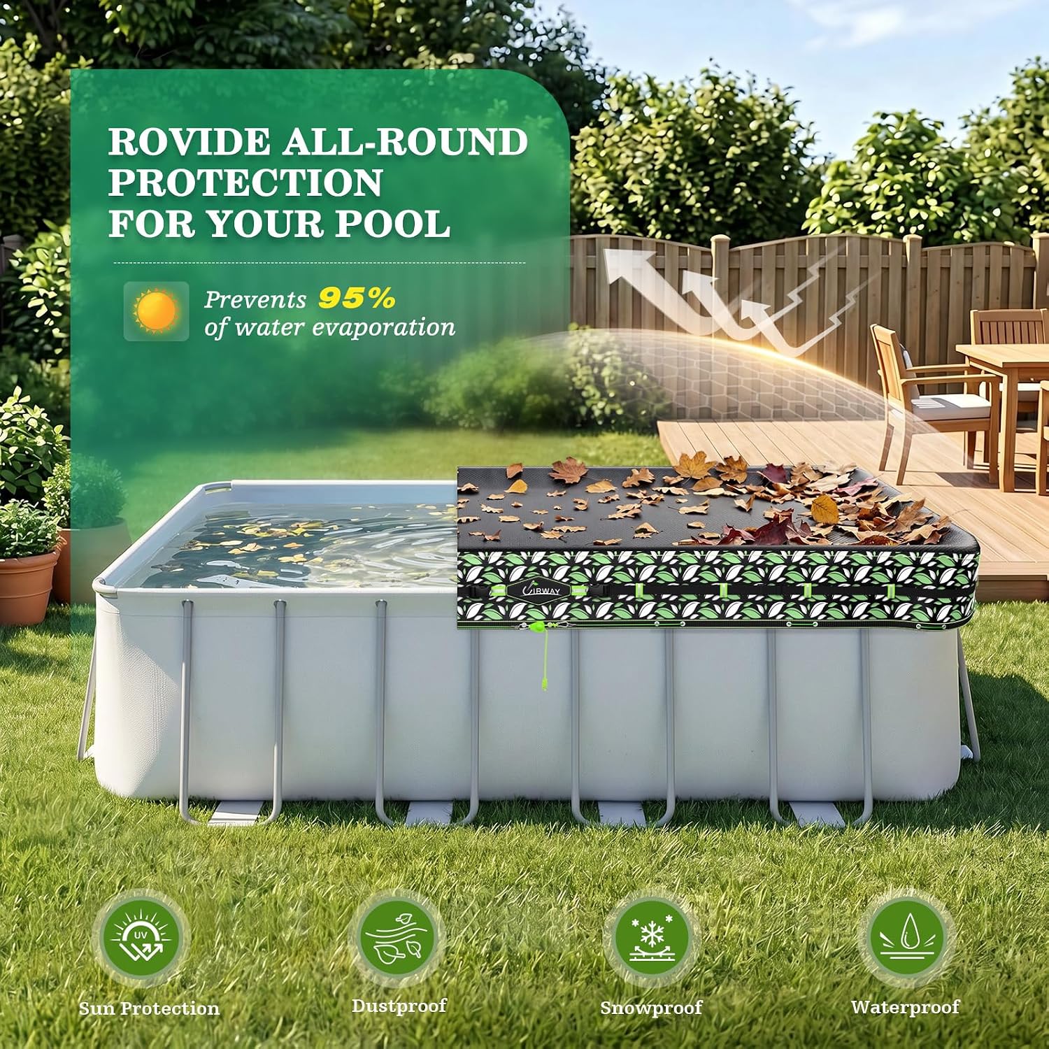 Detalle 2 de UIRWAY 16x32FT Rectangle Above-Ground Pool Cover, 200 GSM HDPE, UV Resistant