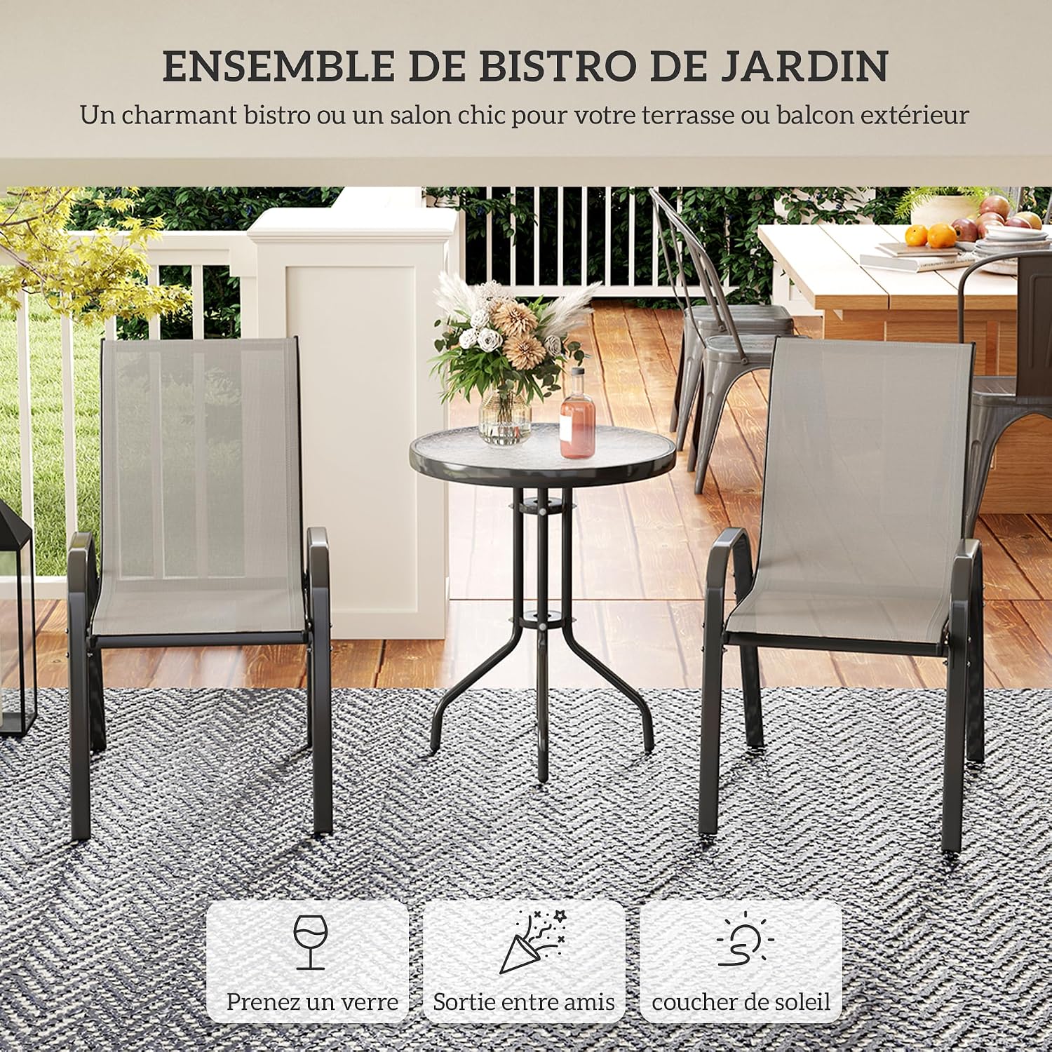 Thumbnail 2 de Ensemble Outsunny 3 pièces pour salon extérieur : 2 fauteuils empilables + table basse en verre trempé (gris clair)