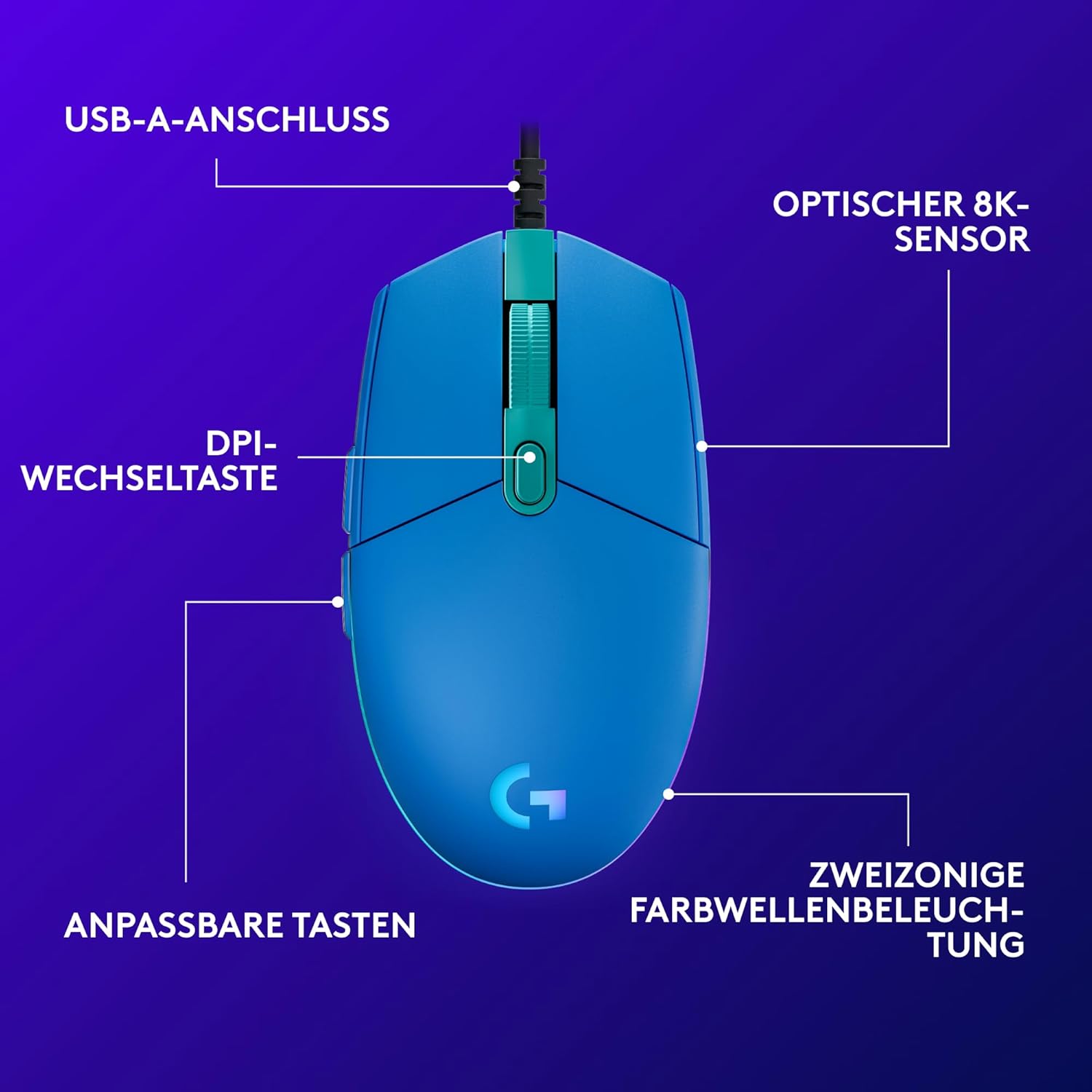 Thumbnail 5 de Logitech G203 Gaming-Maus mit LIGHTSYNC RGB, bis 8.000 DPI und 6 programmierbaren Tasten (blau)