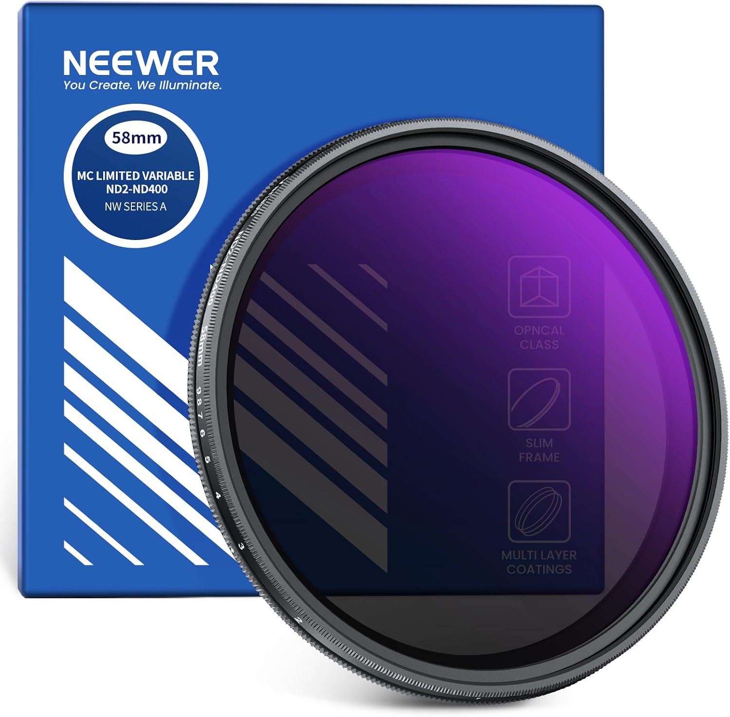 NEEWER Filtro ND2–ND400 variabile 58mm a densità neutra (ND2-ND400) con vetro multistrato antigraffio
