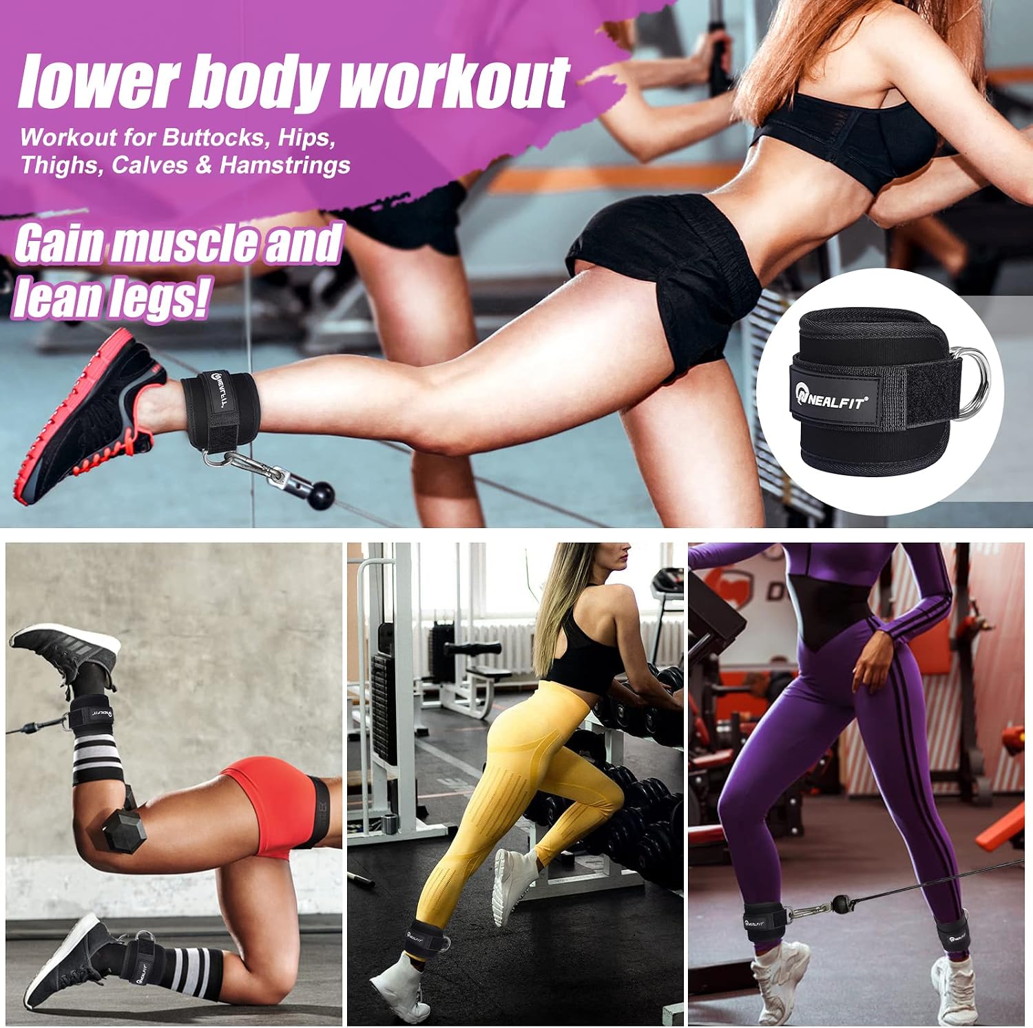 Detalle 2 de NEALFIT Ankle Strap for Cable Machine, 7mm Neoprene, Adjustable Hook-and-Loop