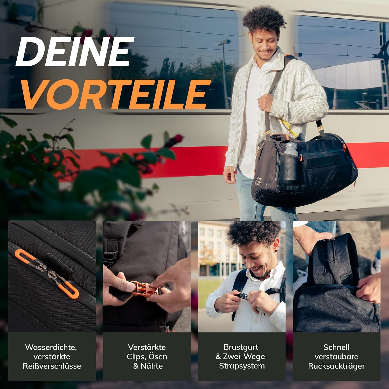 Detalle de RECARRIER Sporttasche 50L – Wasserdichte Gym Bag aus recyceltem PET mit Schuhfach