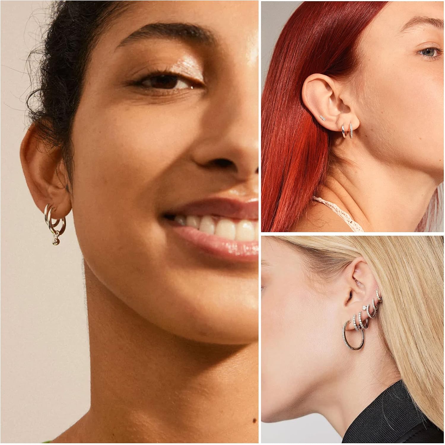 Detalle de PABBEU 5 Pairs Sterling Silver Hoop Earrings for Women - Small Sleeper Hoops