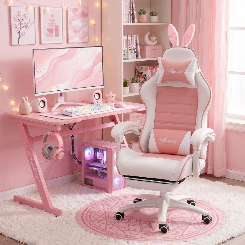 Detalle 2 de Silla Gaming Welltin Rosa y Blanco Reclinable 135° con Reposapiés