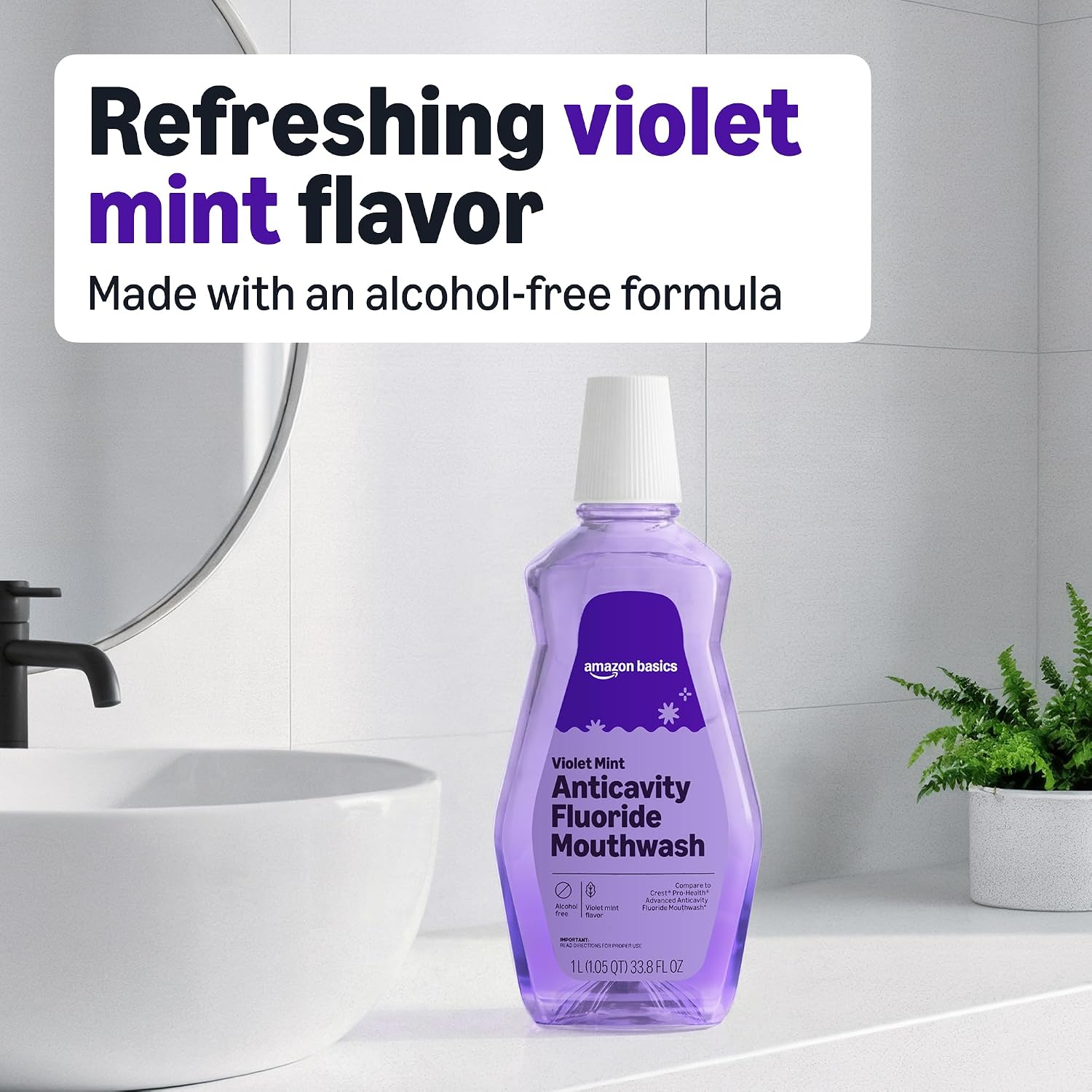 Detalle 2 de Amazon Basics Anticavity Fluoride Mouthwash (Alcohol-Free, Violet Mint), 1-Liter
