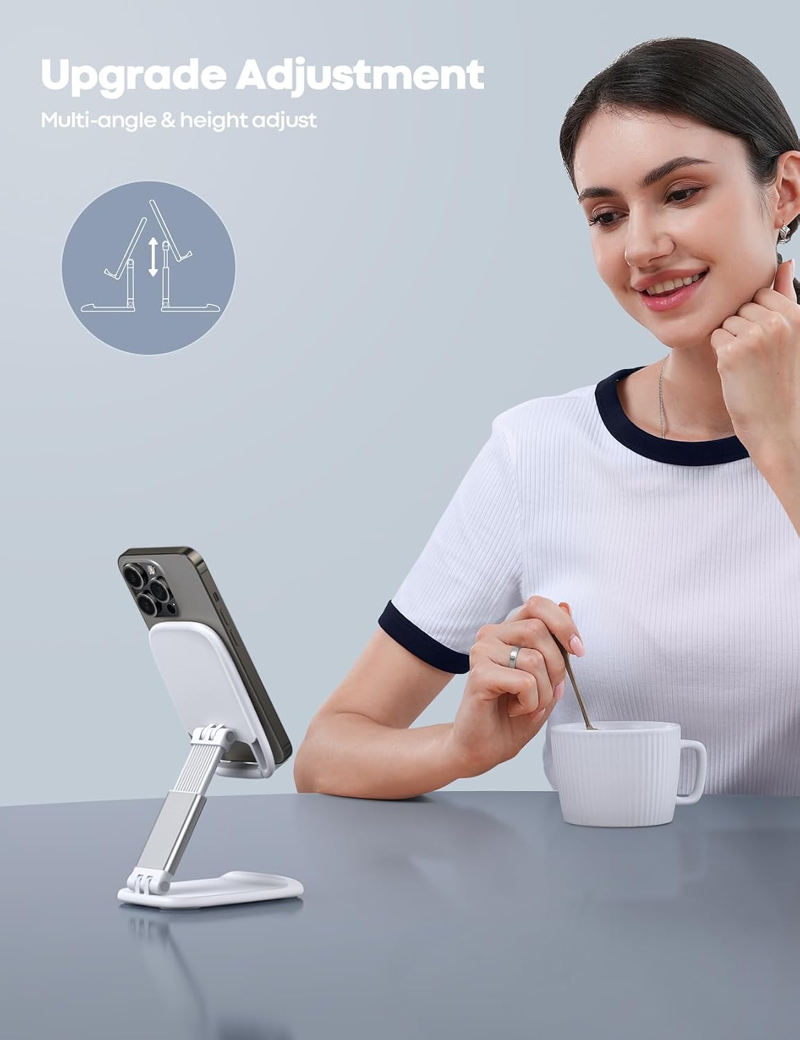Detalle de Lamicall Adjustable Phone Stand for Desk (Foldable Metal Base) – White, for 4"–8" phones & tablets