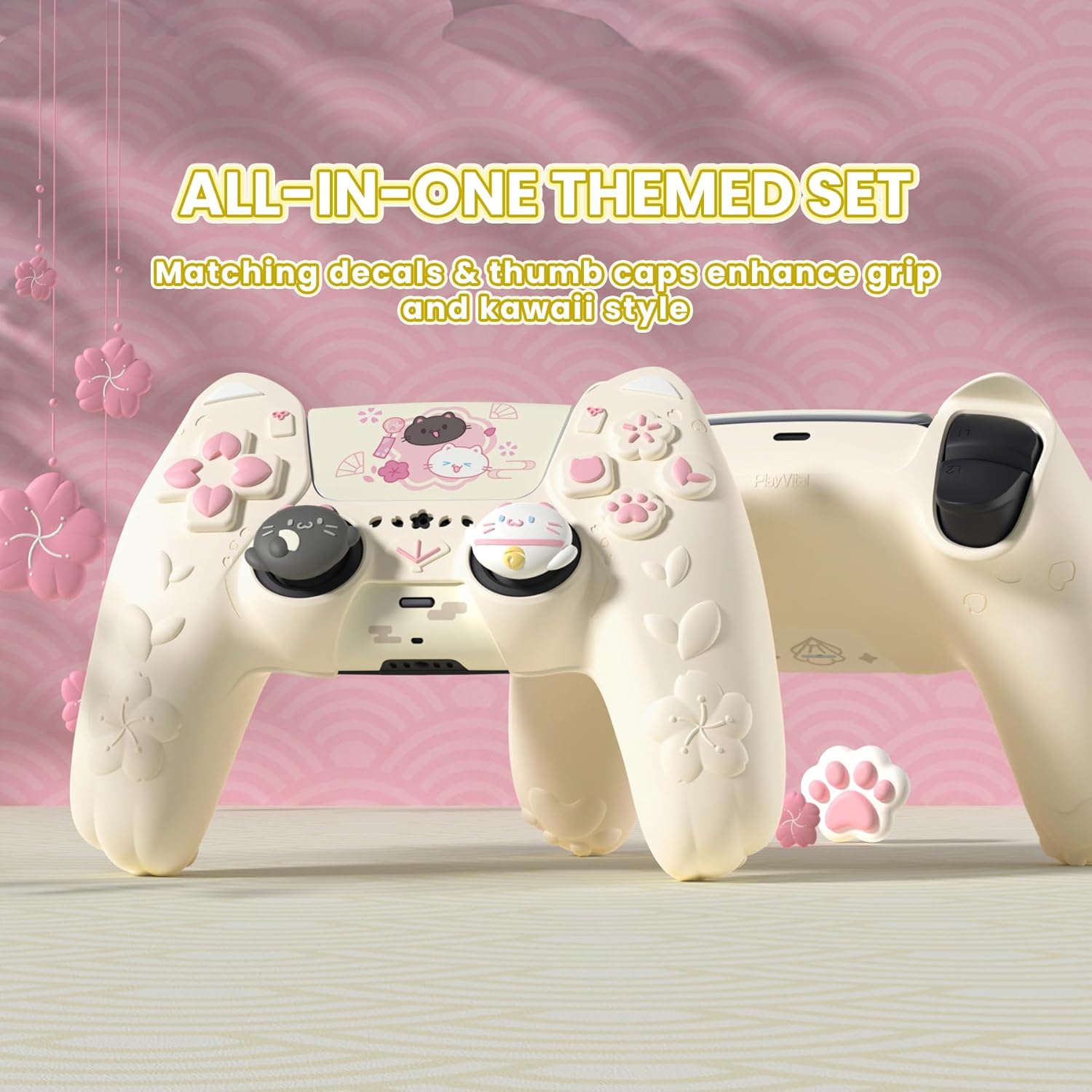 Thumbnail 3 de PlayVital Cherry Blossoms Kitten Anti-slip PS5 Controller Cover Skin