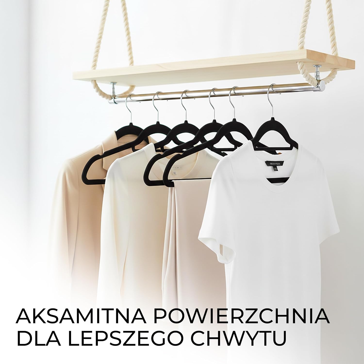 Detalle de Utopia Home Premium – czarne wieszaki aksamitne, 50 szt., antypoślizgowe, haczyk 360°